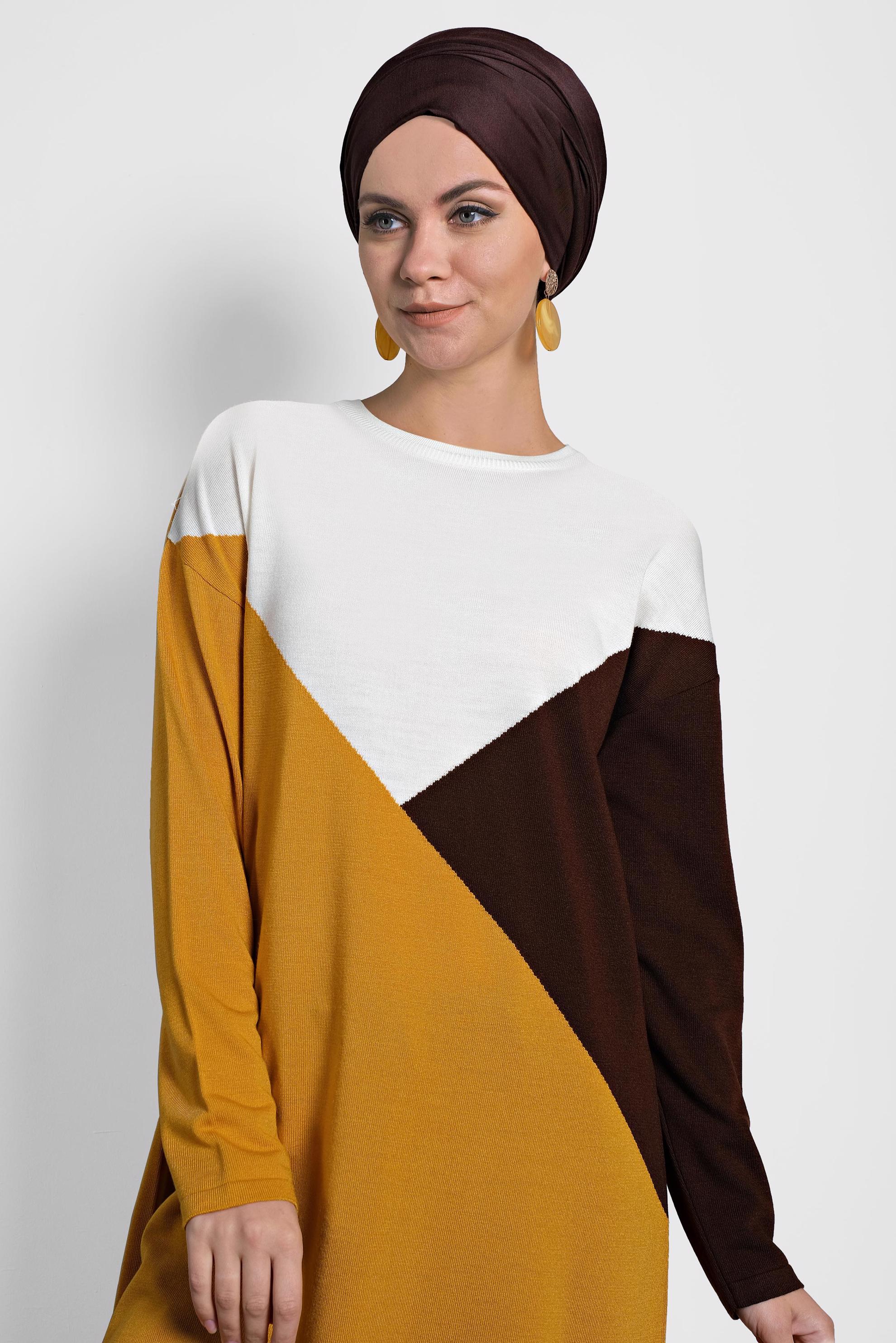 Tesettür giyim SARI ÜÇ RENKLİ TRİKO TUNİK 40010