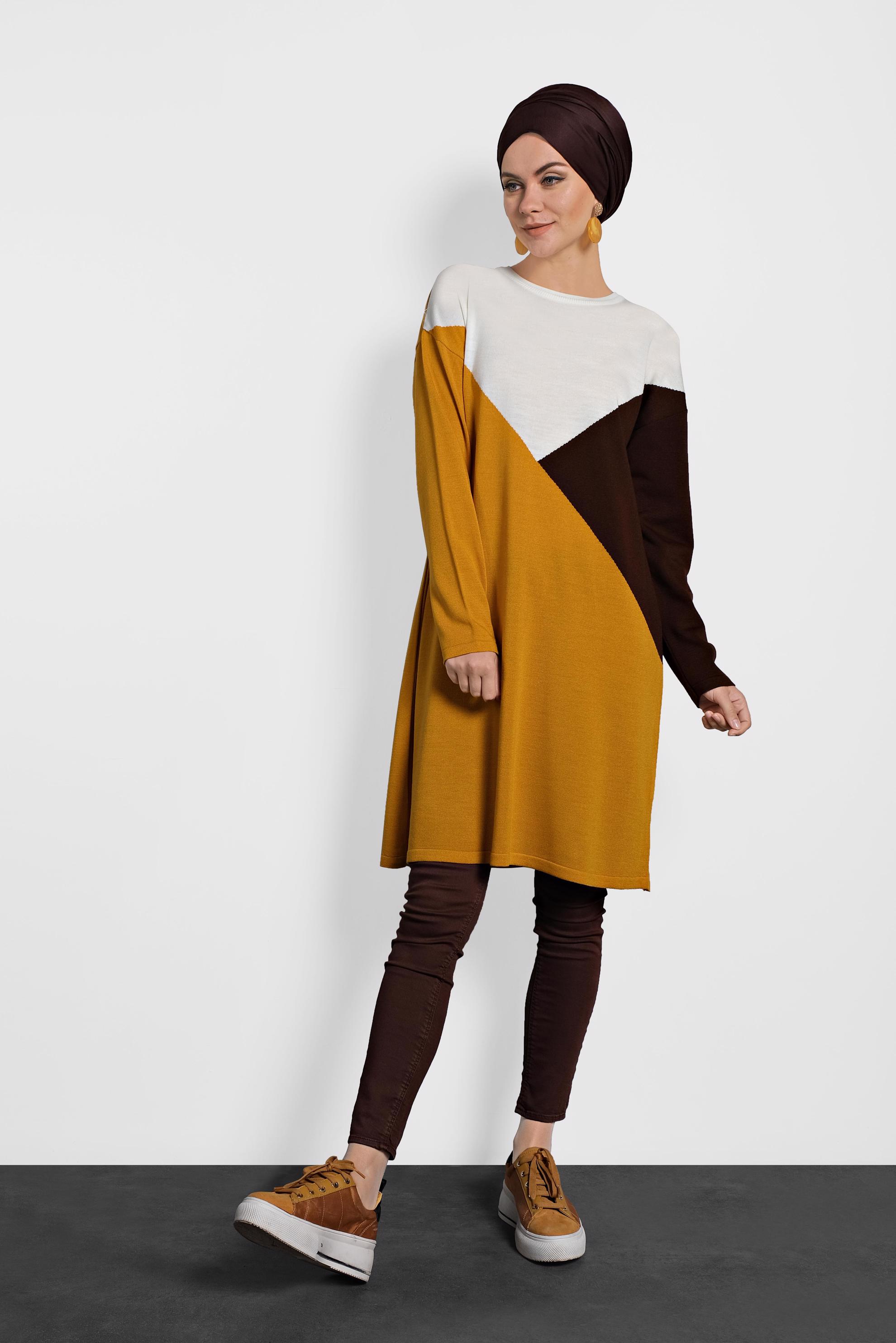 Tesettür giyim SARI ÜÇ RENKLİ TRİKO TUNİK 40010