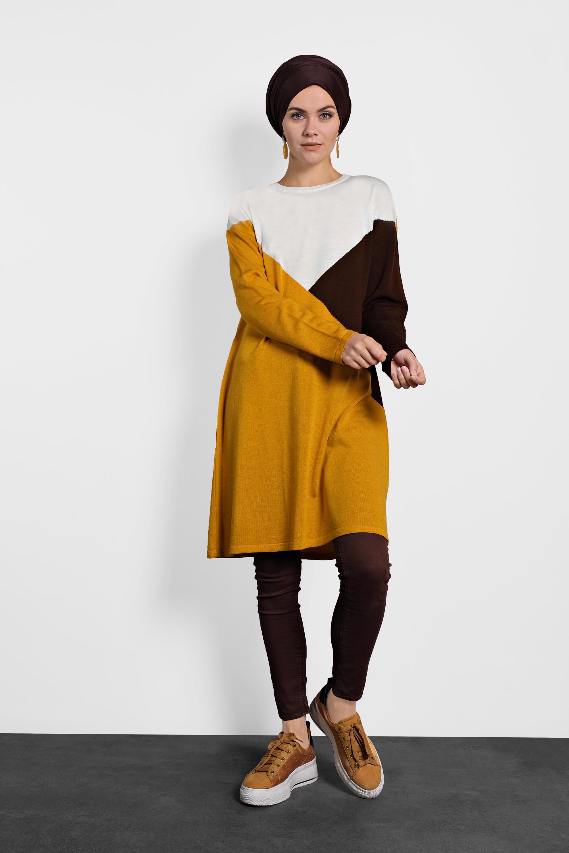 Tesettür giyim SARI ÜÇ RENKLİ TRİKO TUNİK 40010