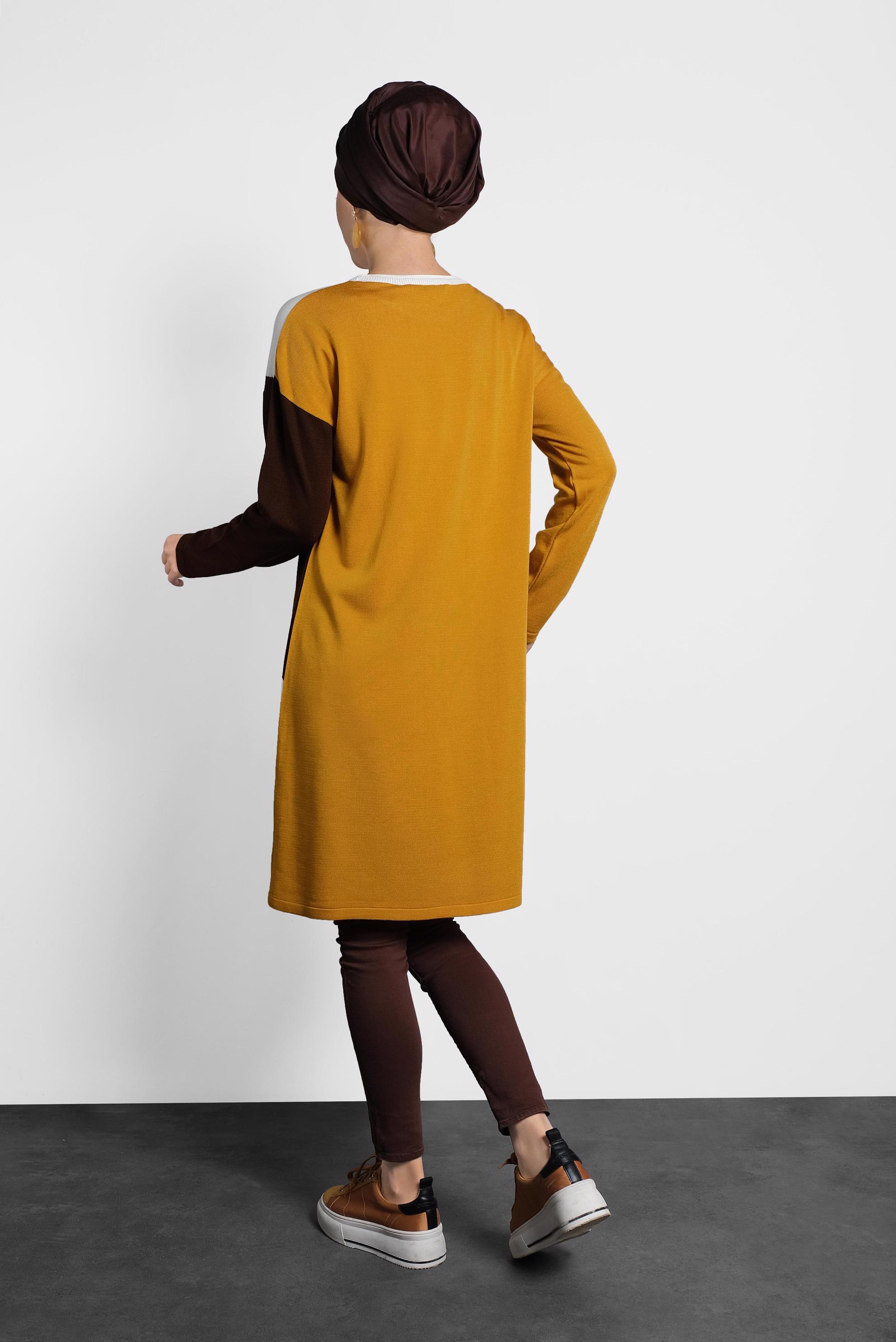 Tesettür giyim SARI ÜÇ RENKLİ TRİKO TUNİK 40010