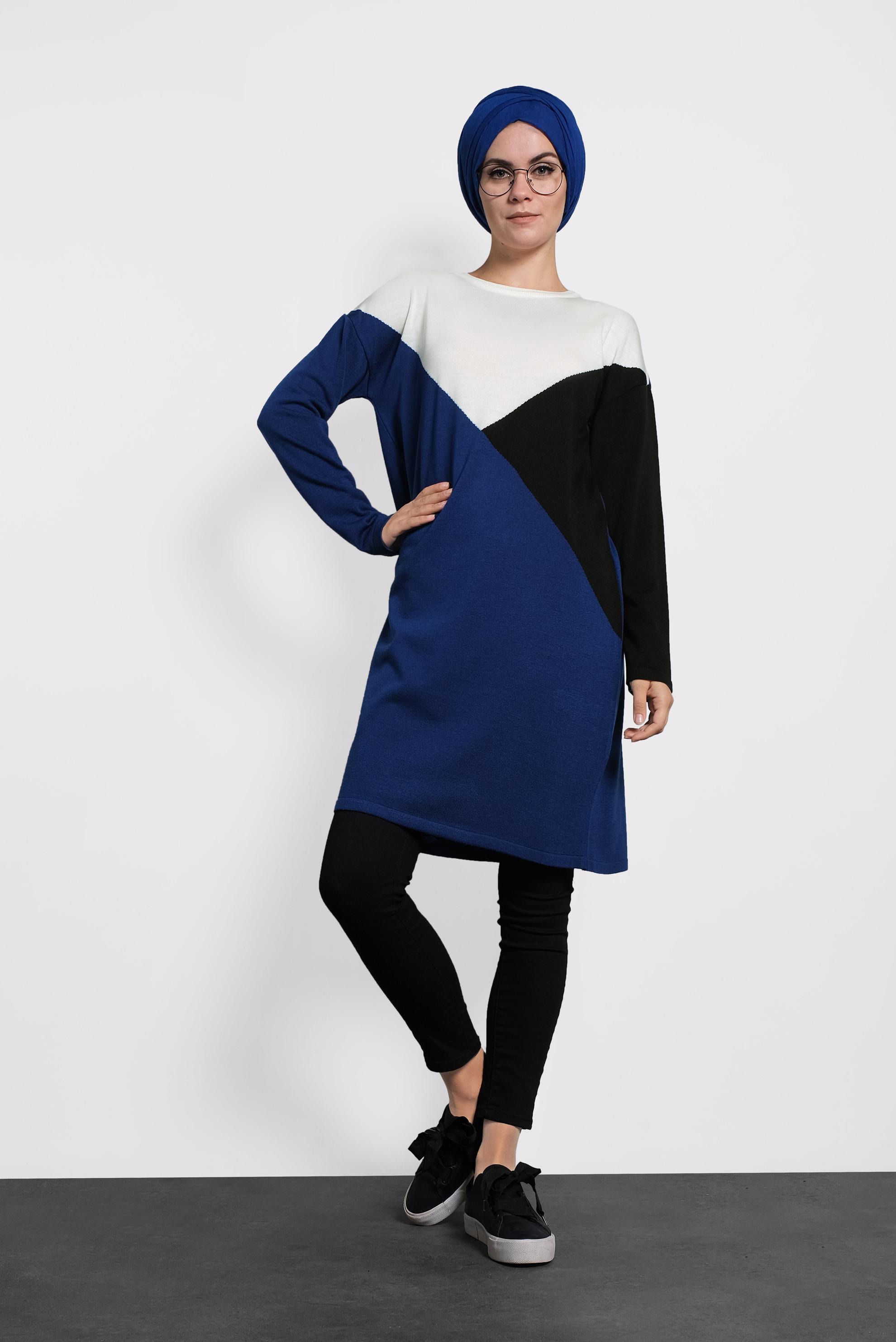 Tesettür giyim LACİVERT ÜÇ RENKLİ TRİKO TUNİK 40010