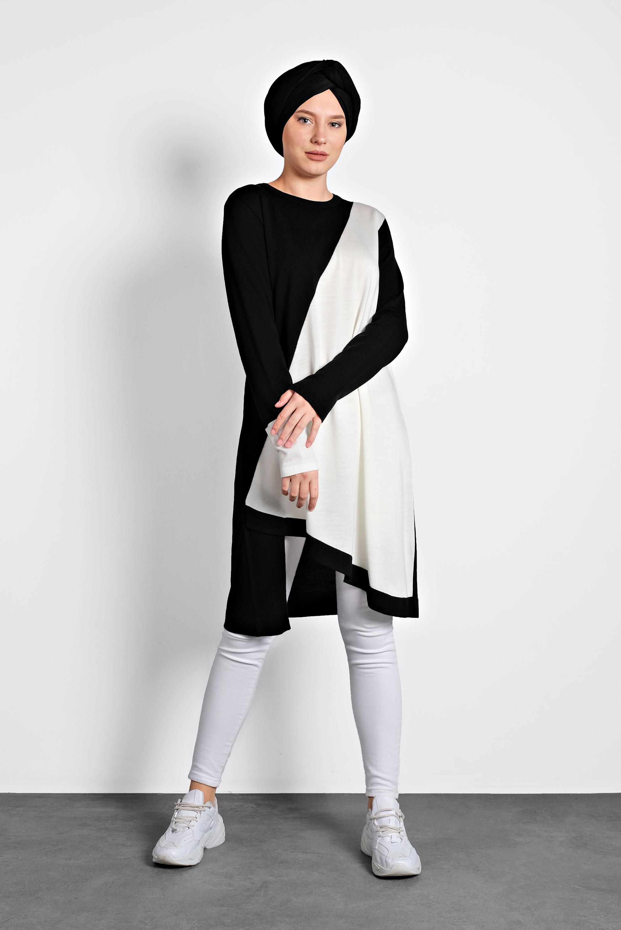 Tesettür giyim SİYAH ASİMETRİK TRİKO TUNİK 40015 