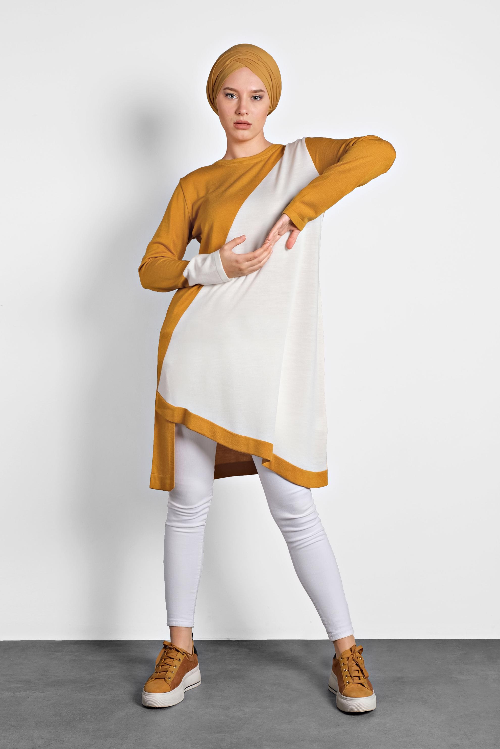 Tesettür giyim SARI ASİMETRİK TRİKO TUNİK 40015 