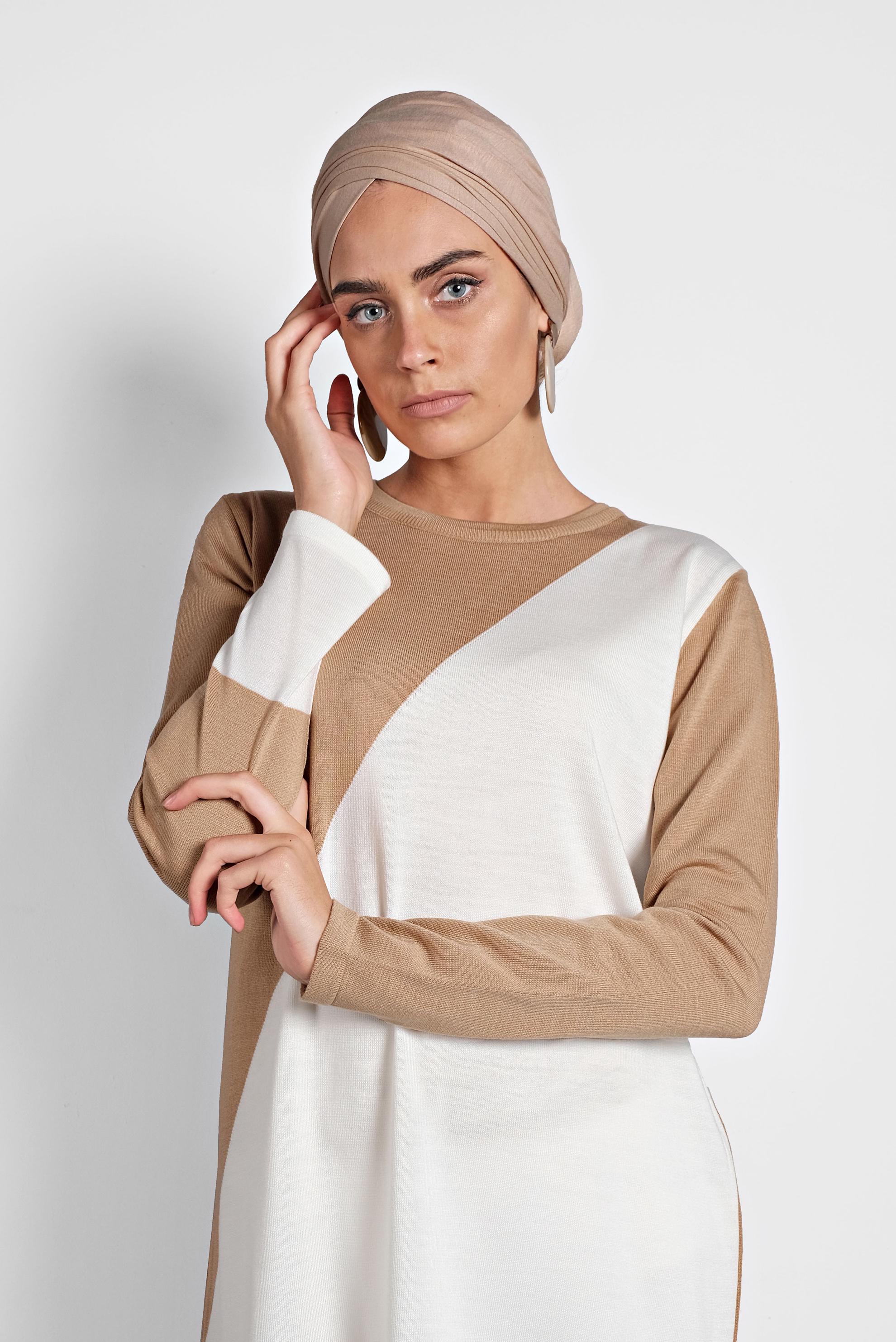 Tesettür giyim KAHVE ASİMETRİK TRİKO TUNİK 40015 