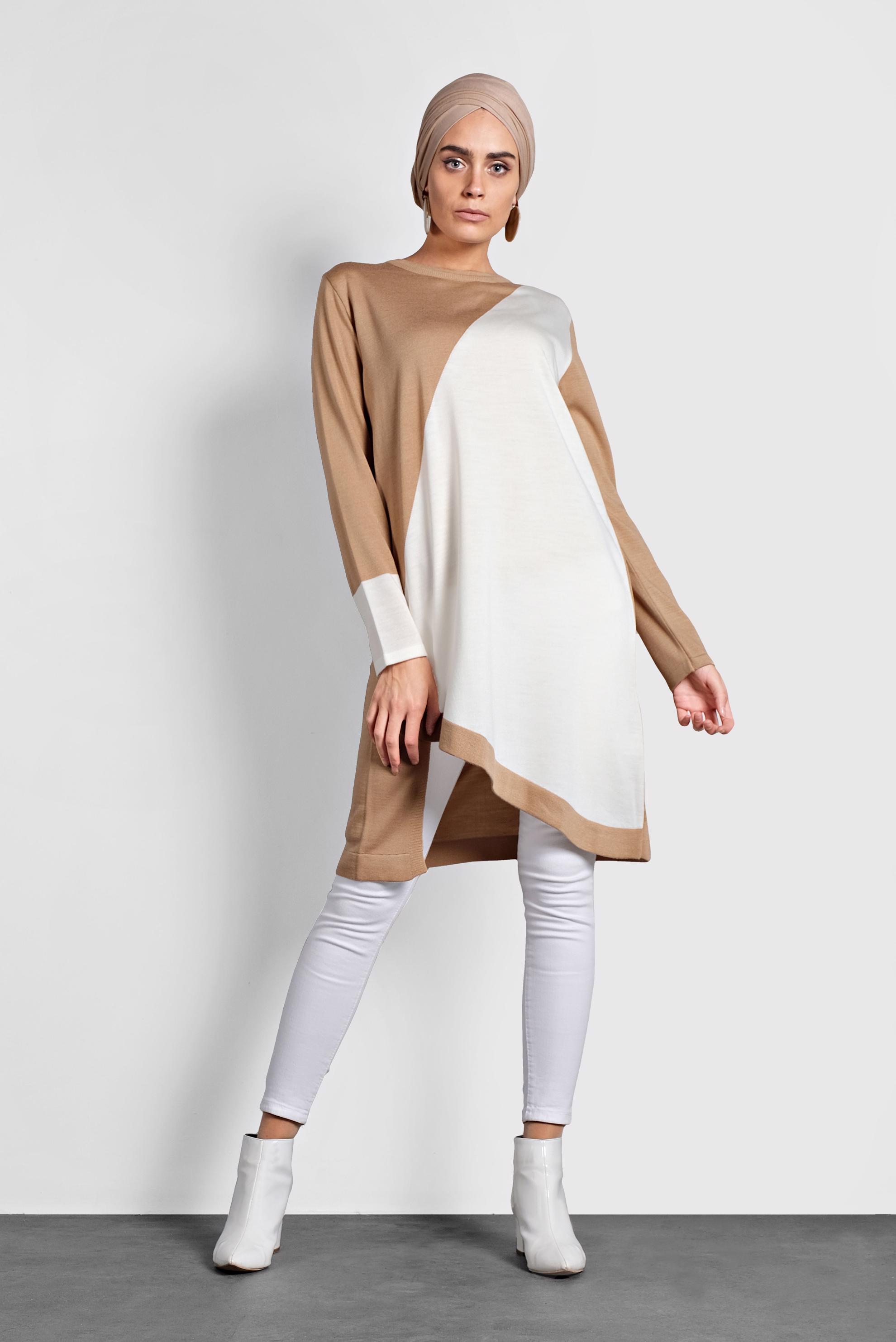 Tesettür giyim KAHVE ASİMETRİK TRİKO TUNİK 40015 