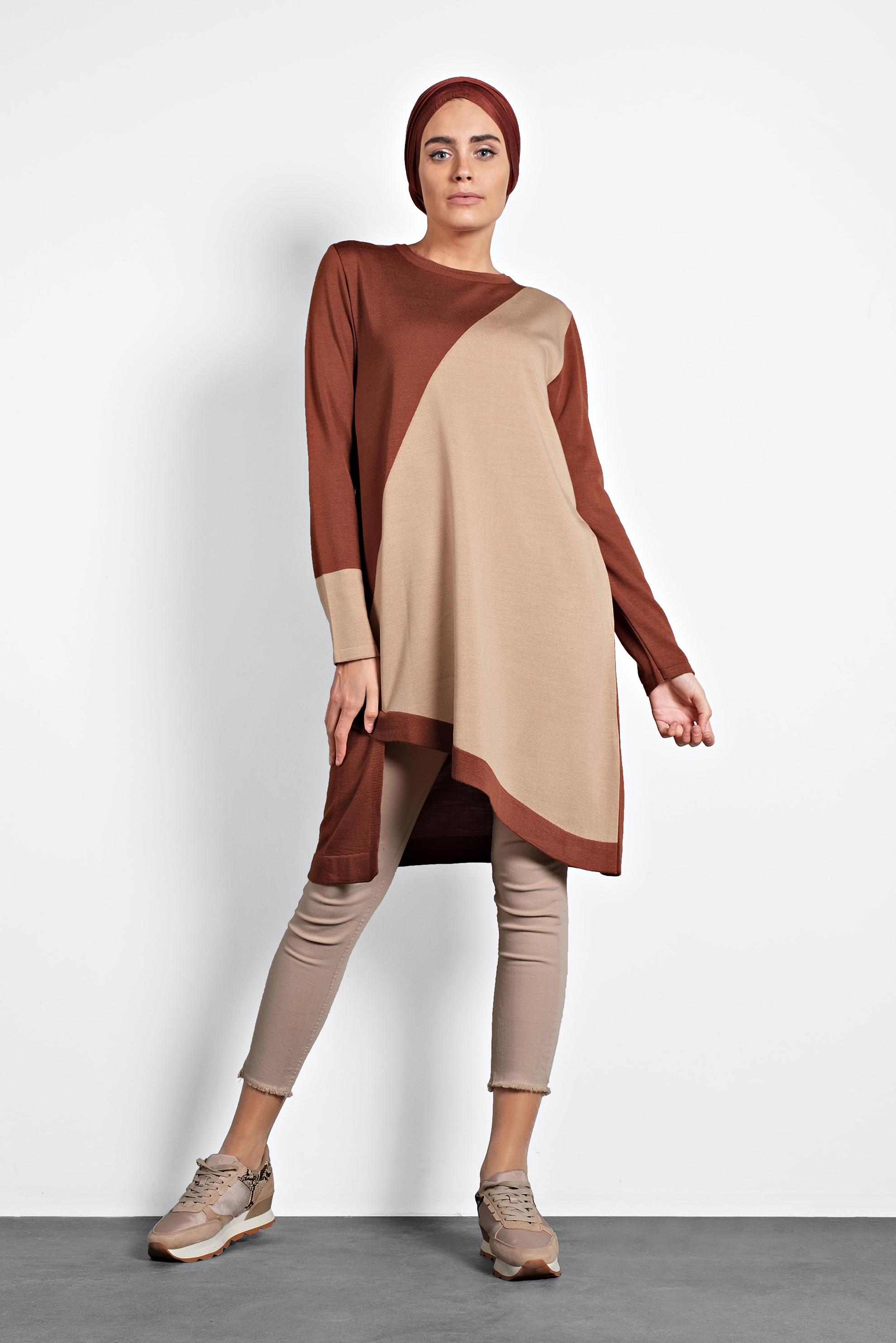 Tesettür giyim KAHVE ASİMETRİK TRİKO TUNİK 40015 
