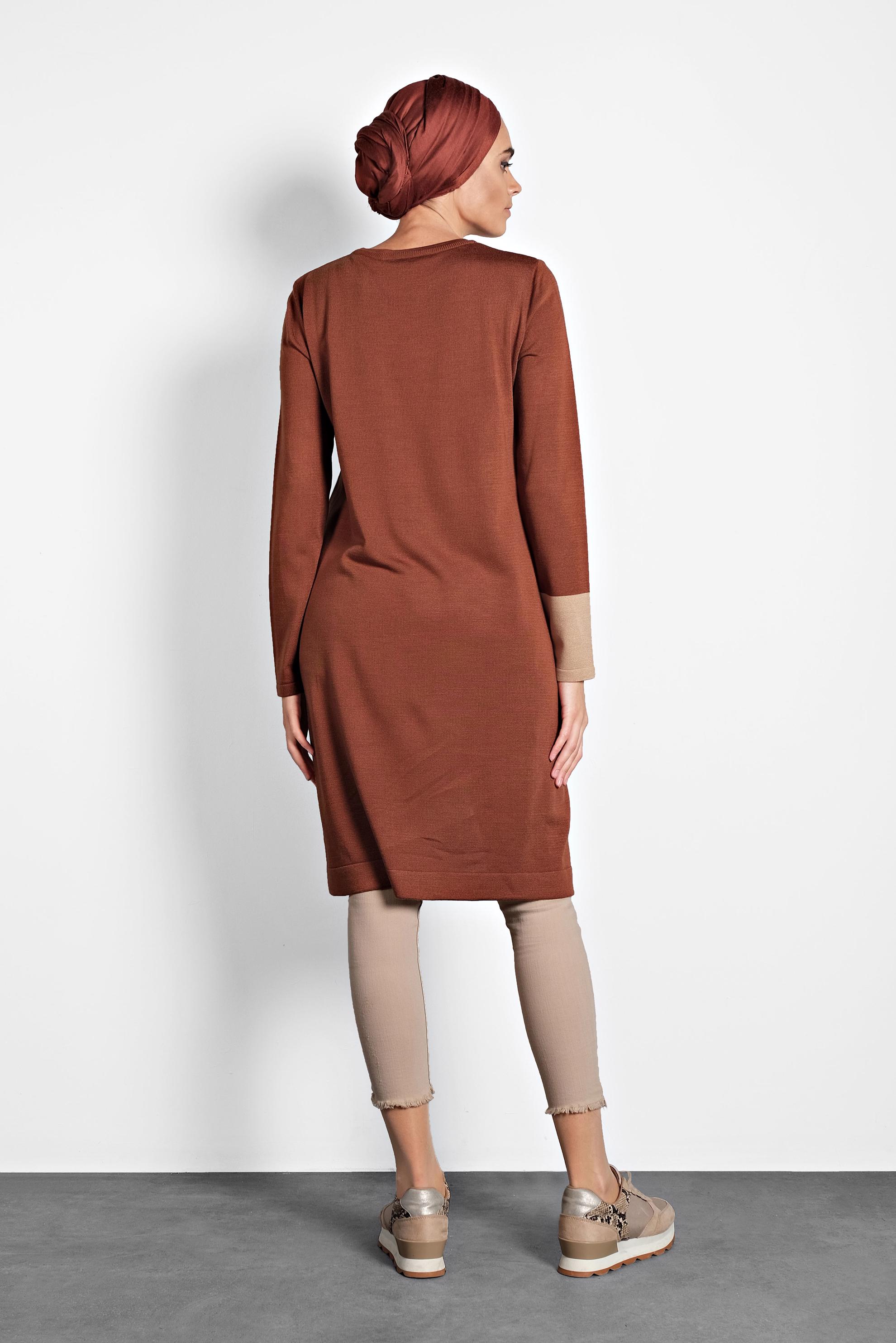 Tesettür giyim KAHVE ASİMETRİK TRİKO TUNİK 40015 