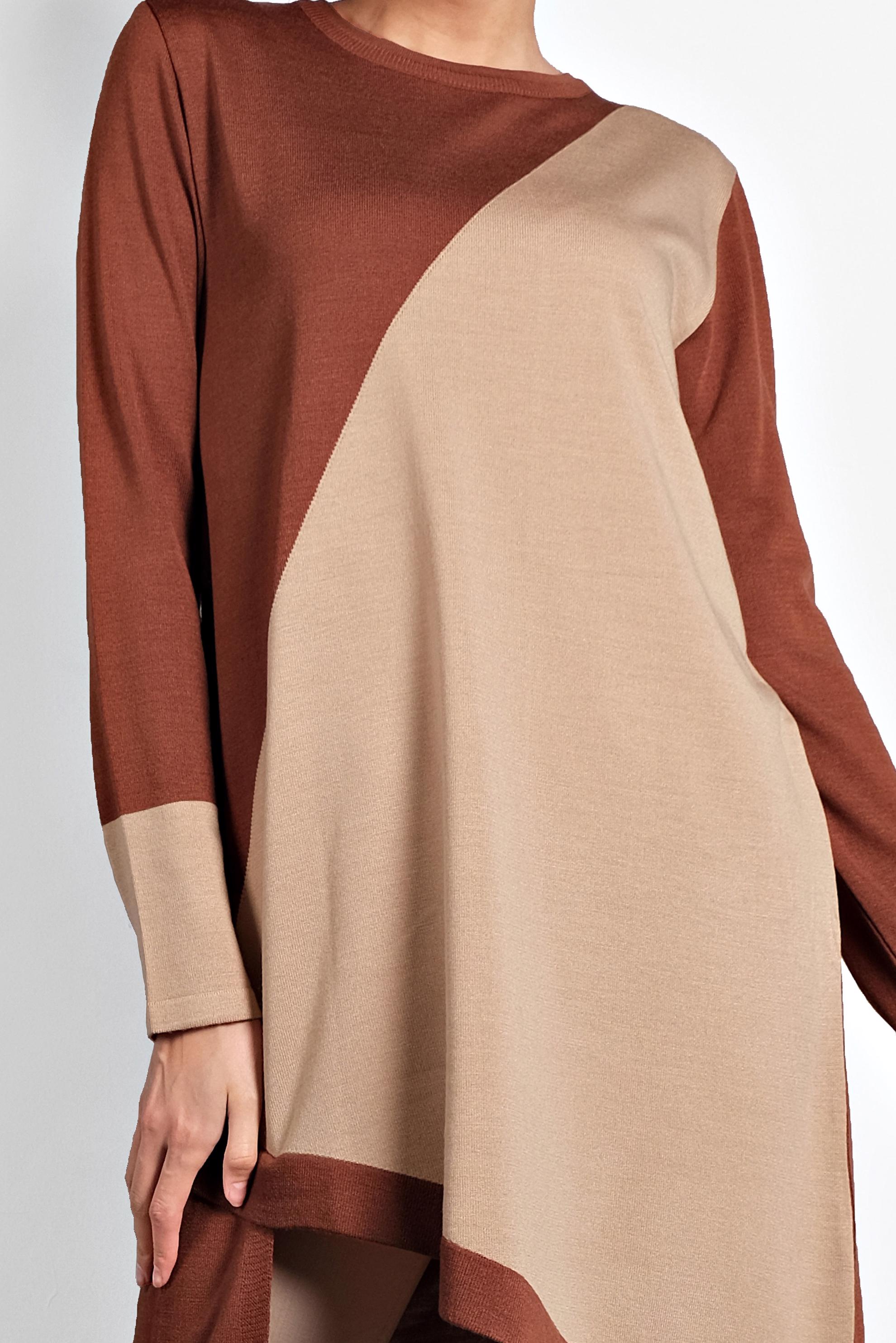 Tesettür giyim KAHVE ASİMETRİK TRİKO TUNİK 40015 