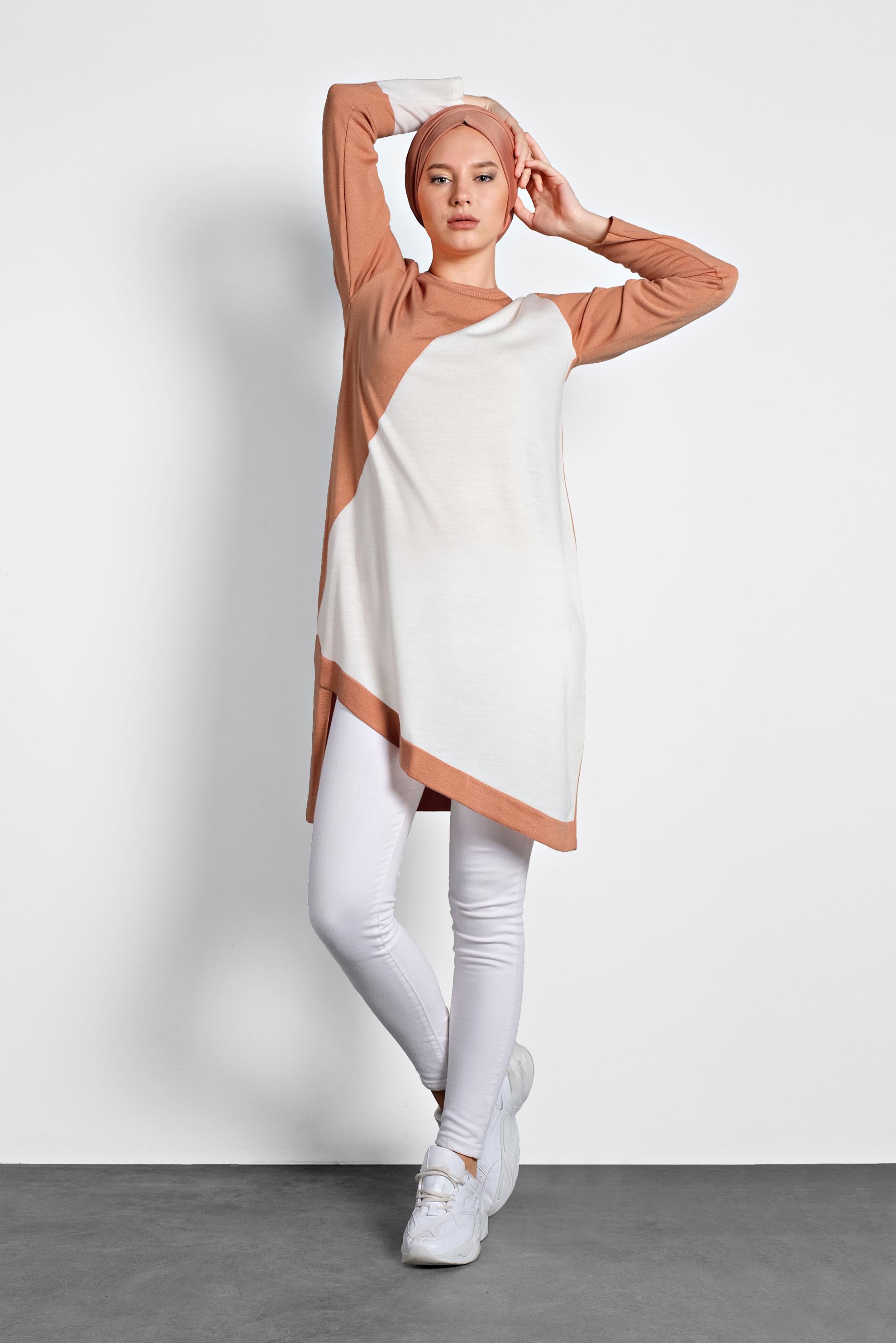 Tesettür giyim PEMBE ASİMETRİK TRİKO TUNİK 40015 