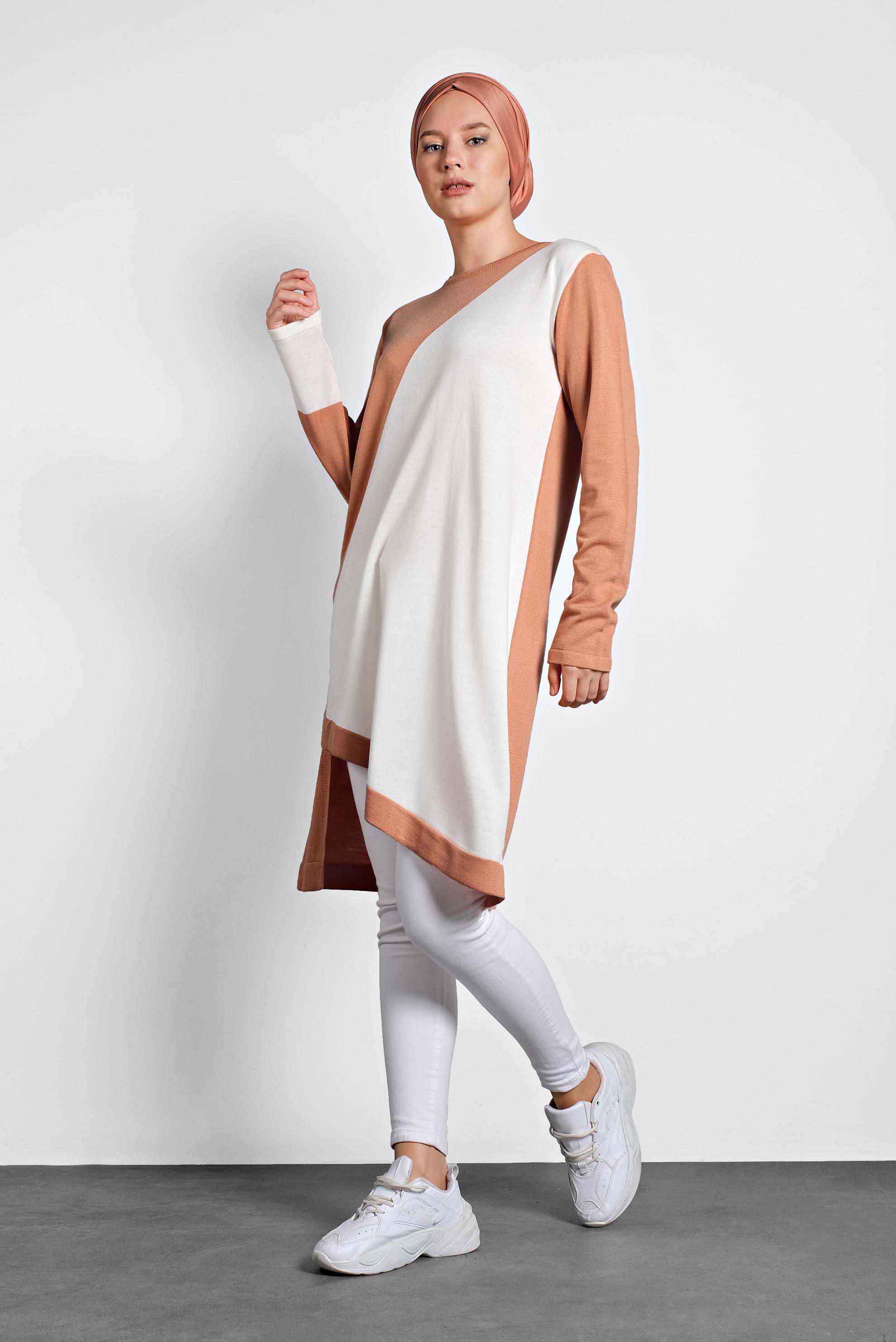 Tesettür giyim PEMBE ASİMETRİK TRİKO TUNİK 40015 