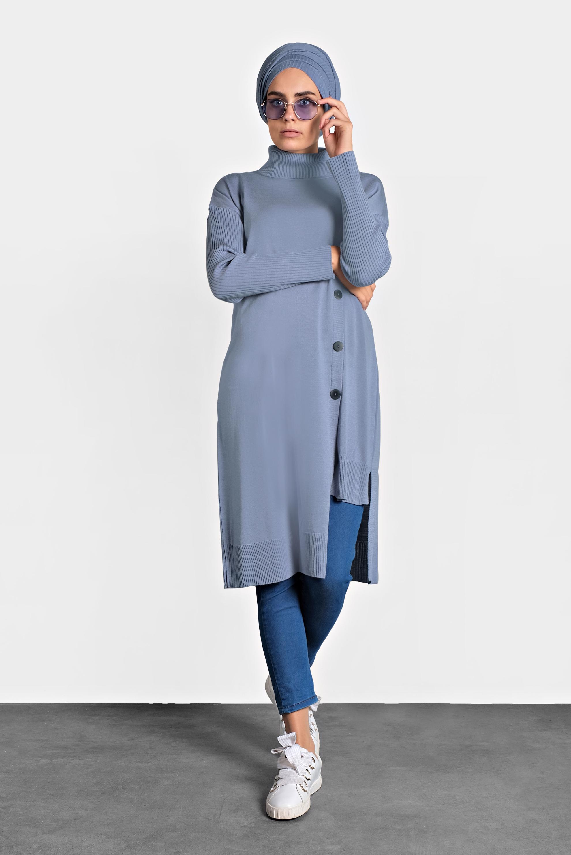 Tesettür giyim MAVİ BALIKÇI YAKA DÜĞMELİ TRİKO TUNİK 40016 