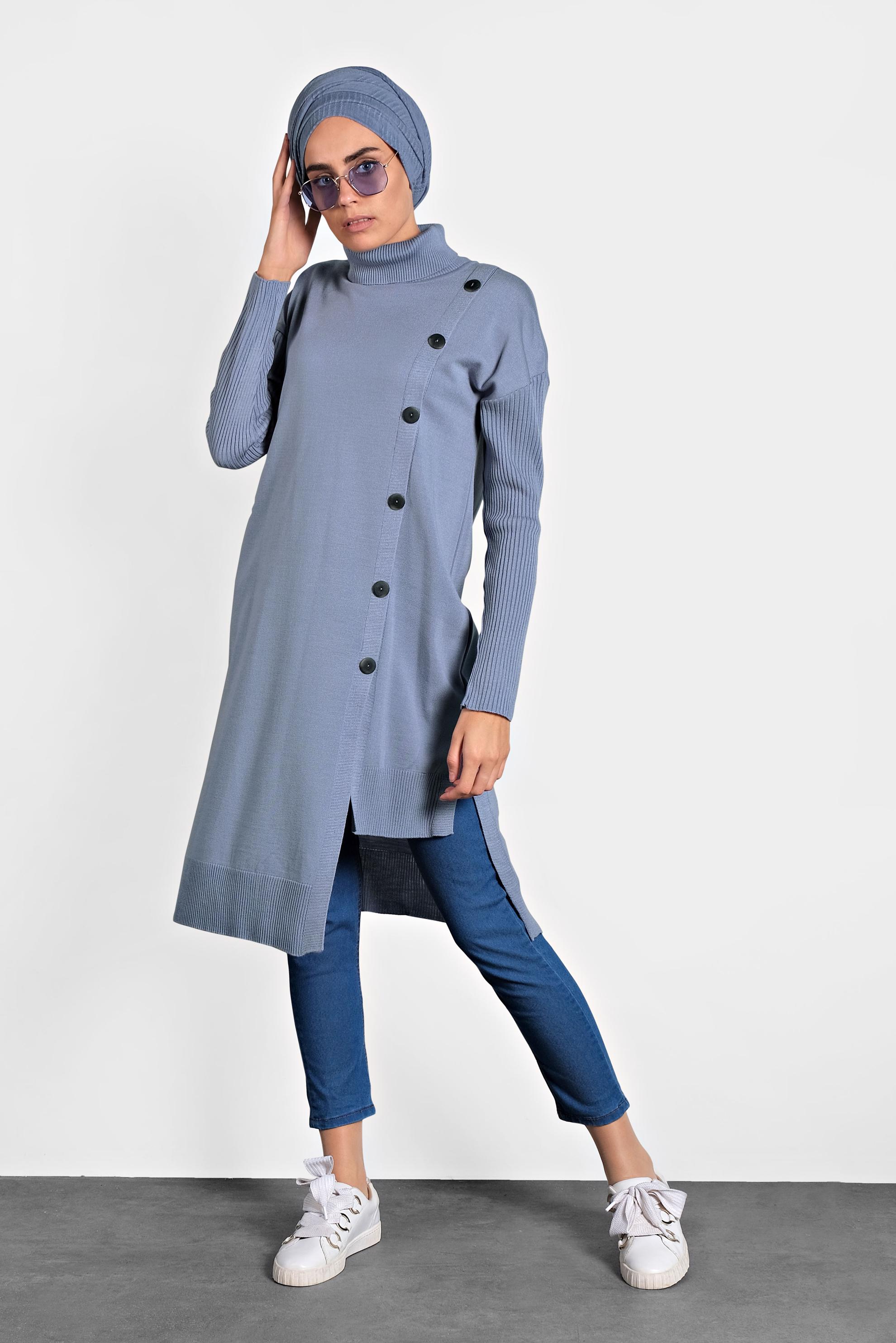 Tesettür giyim MAVİ BALIKÇI YAKA DÜĞMELİ TRİKO TUNİK 40016 
