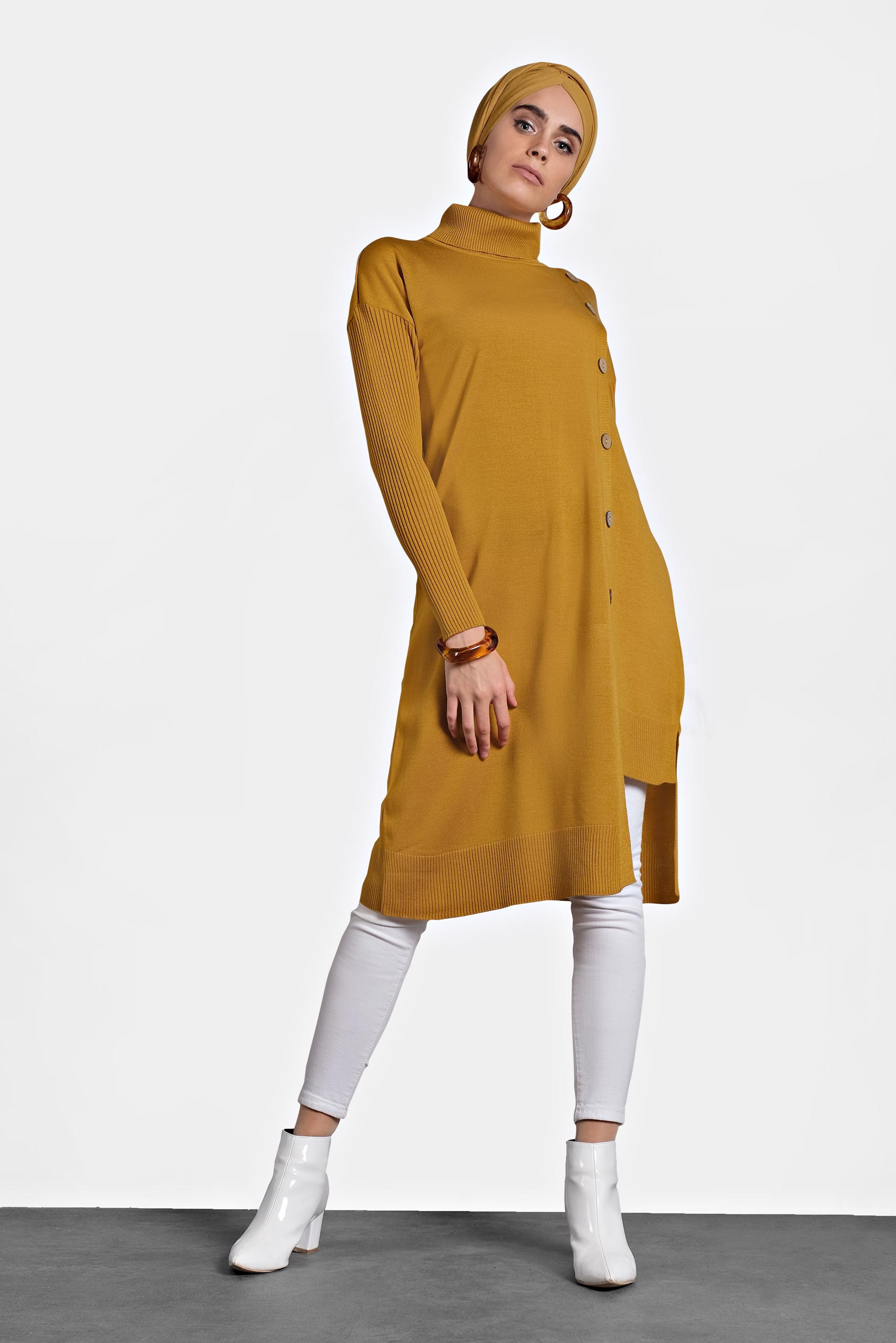 Tesettür giyim SARI BALIKÇI YAKA DÜĞMELİ TRİKO TUNİK 40016 