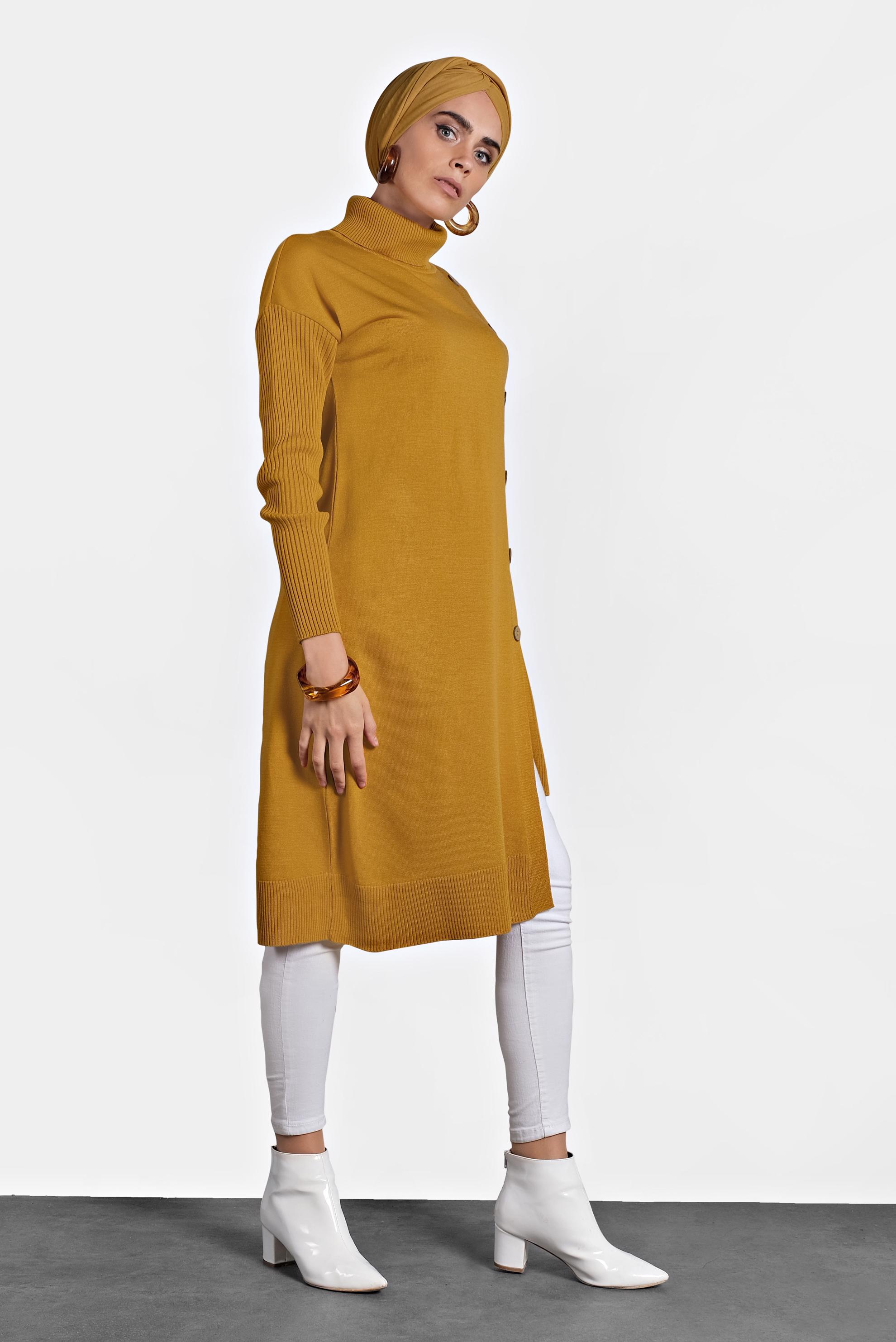 Tesettür giyim SARI BALIKÇI YAKA DÜĞMELİ TRİKO TUNİK 40016 