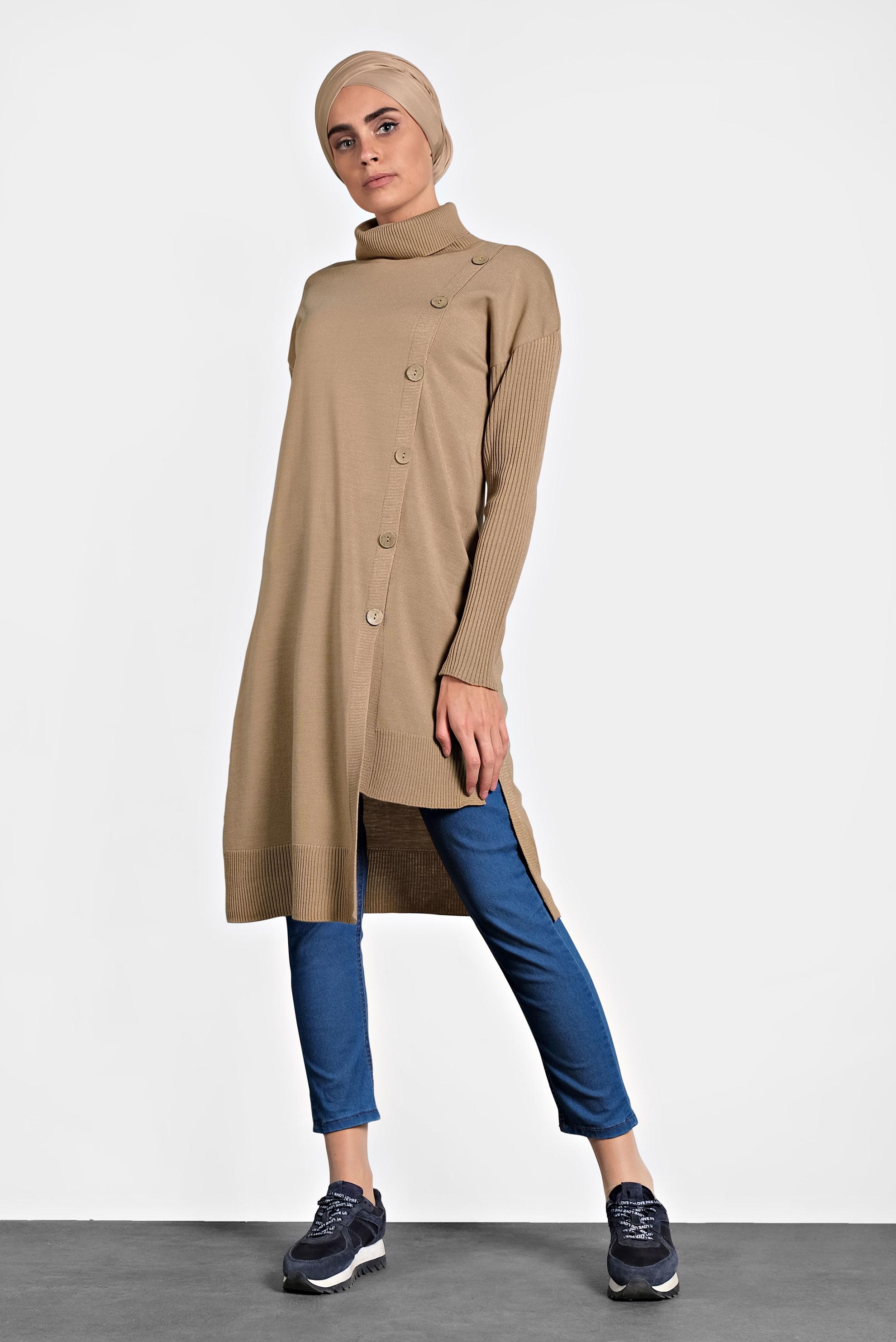 Tesettür giyim KAHVE BALIKÇI YAKA DÜĞMELİ TRİKO TUNİK 40016 