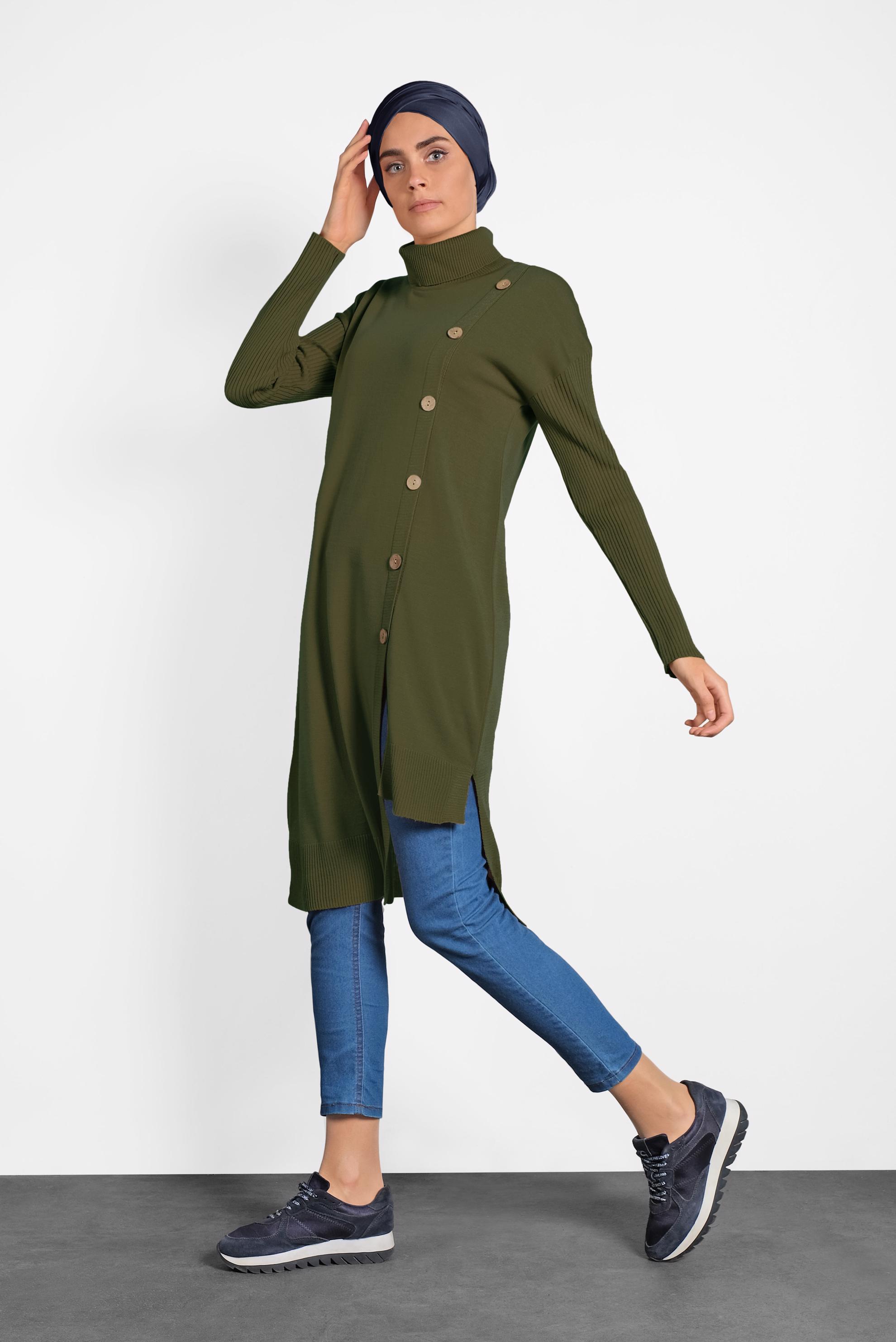 Tesettür giyim HAKİ BALIKÇI YAKA DÜĞMELİ TRİKO TUNİK 40016 