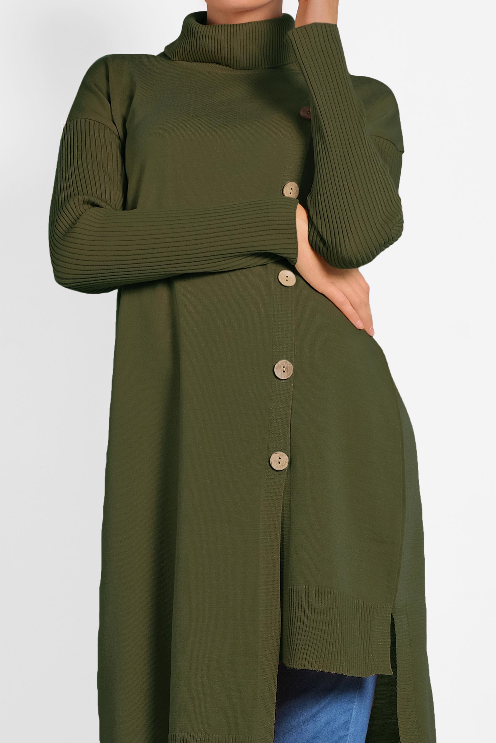 Tesettür giyim HAKİ BALIKÇI YAKA DÜĞMELİ TRİKO TUNİK 40016 