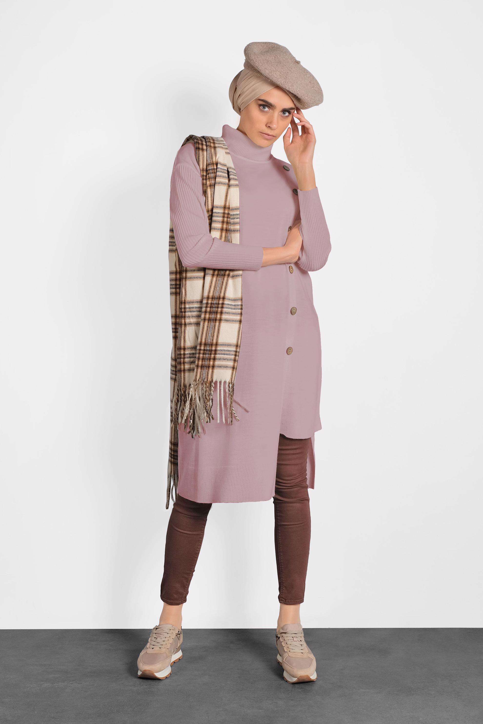 Tesettür giyim PUDRA BALIKÇI YAKA DÜĞMELİ TRİKO TUNİK 40016 