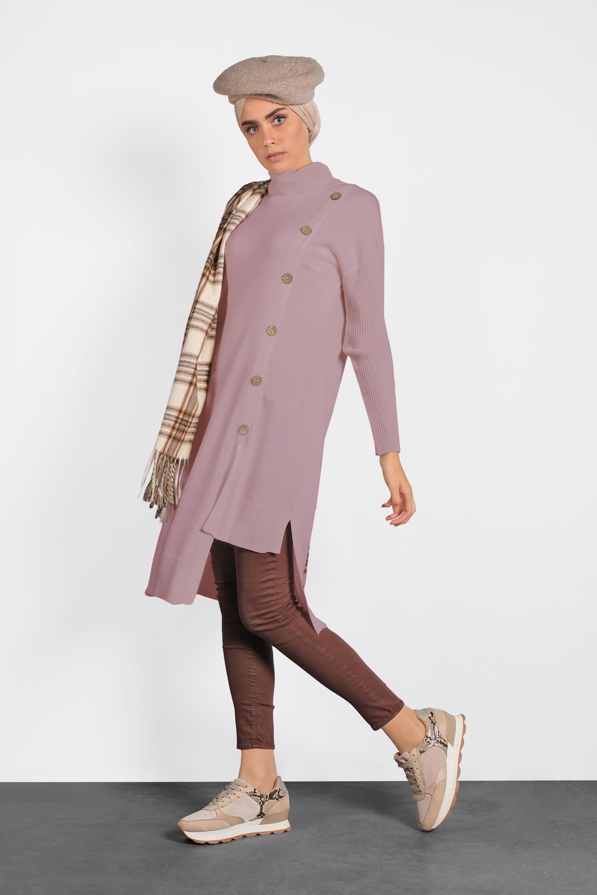 Tesettür giyim PUDRA BALIKÇI YAKA DÜĞMELİ TRİKO TUNİK 40016 