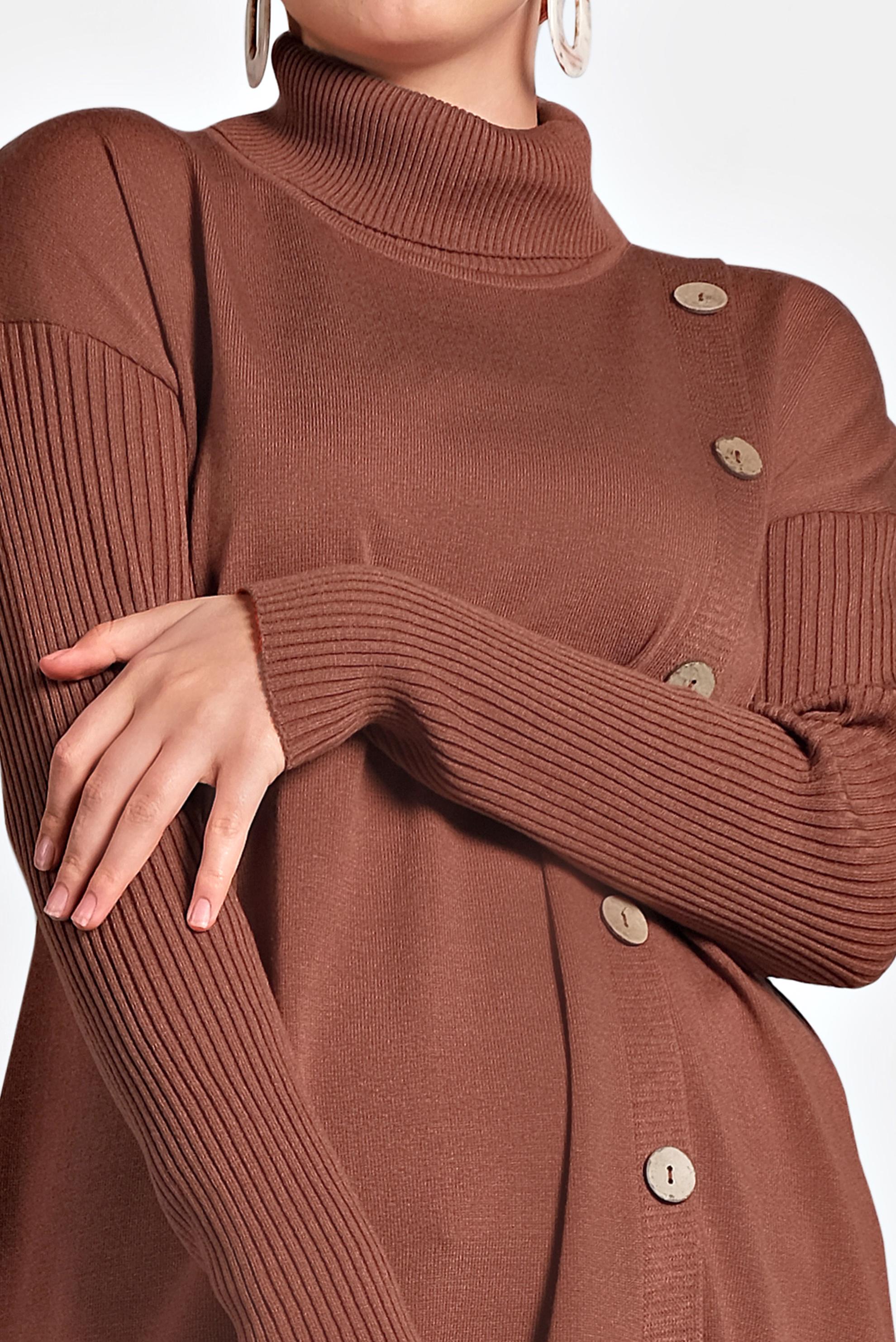 Tesettür giyim KAHVE BALIKÇI YAKA DÜĞMELİ TRİKO TUNİK 40016 