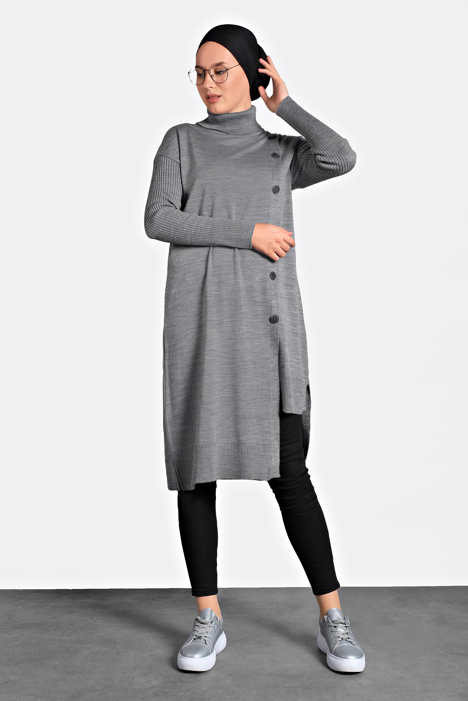 Tesettür giyim GRİ BALIKÇI YAKA DÜĞMELİ TRİKO TUNİK 40016 