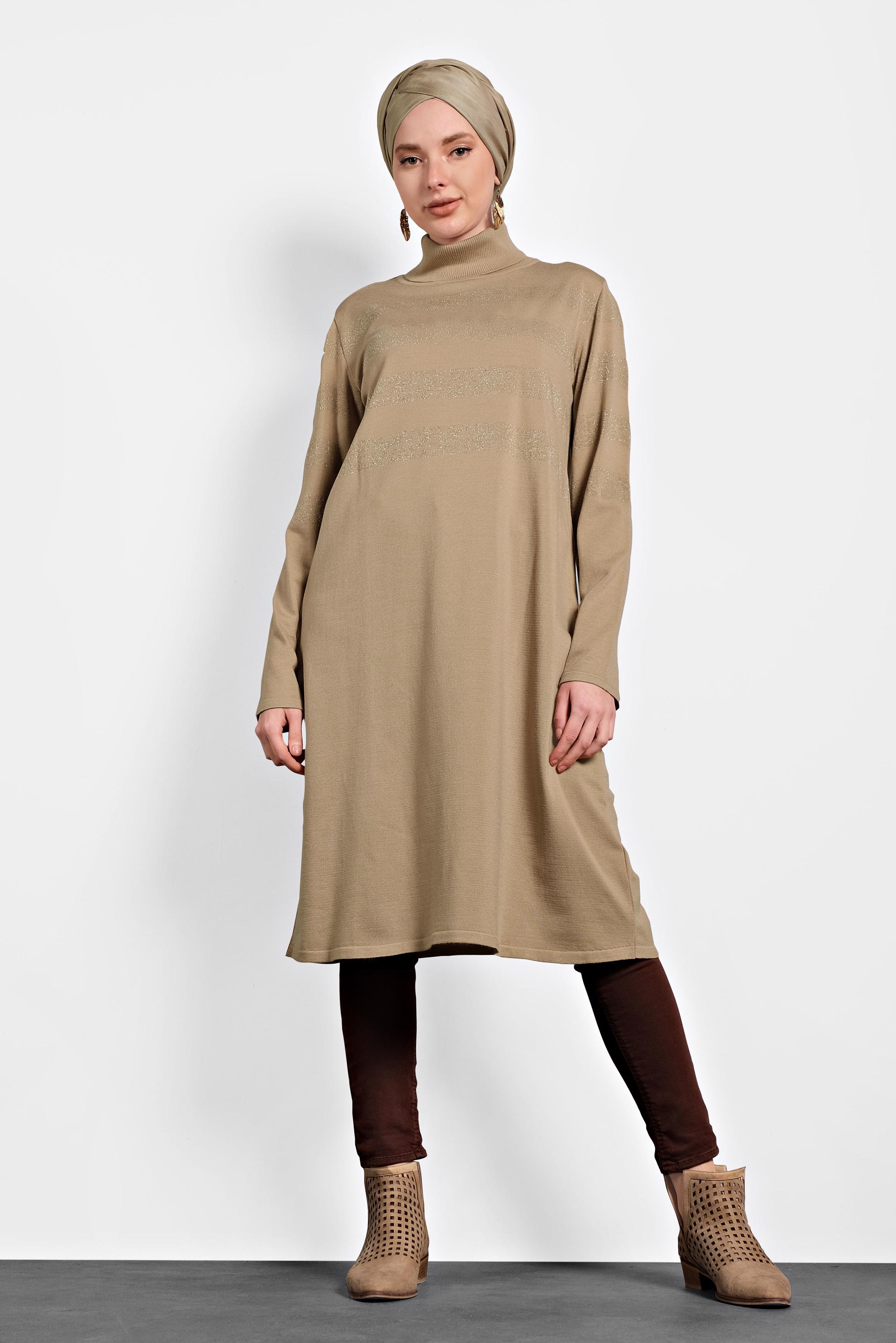 Tesettür giyim KAHVE SİM DETAYLI TRİKO TUNİK 40020