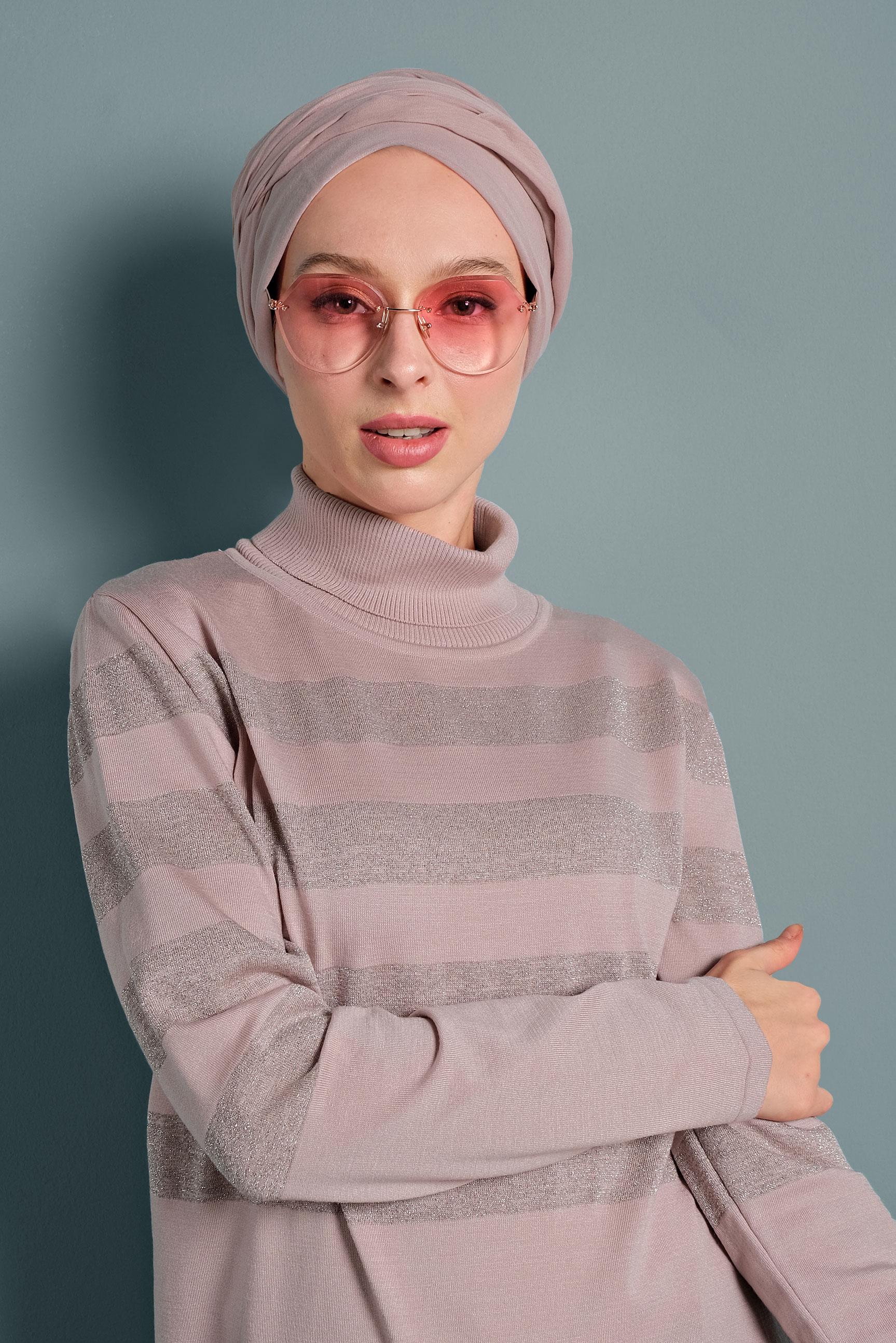 Tesettür giyim PUDRA SİM DETAYLI TRİKO TUNİK 40020