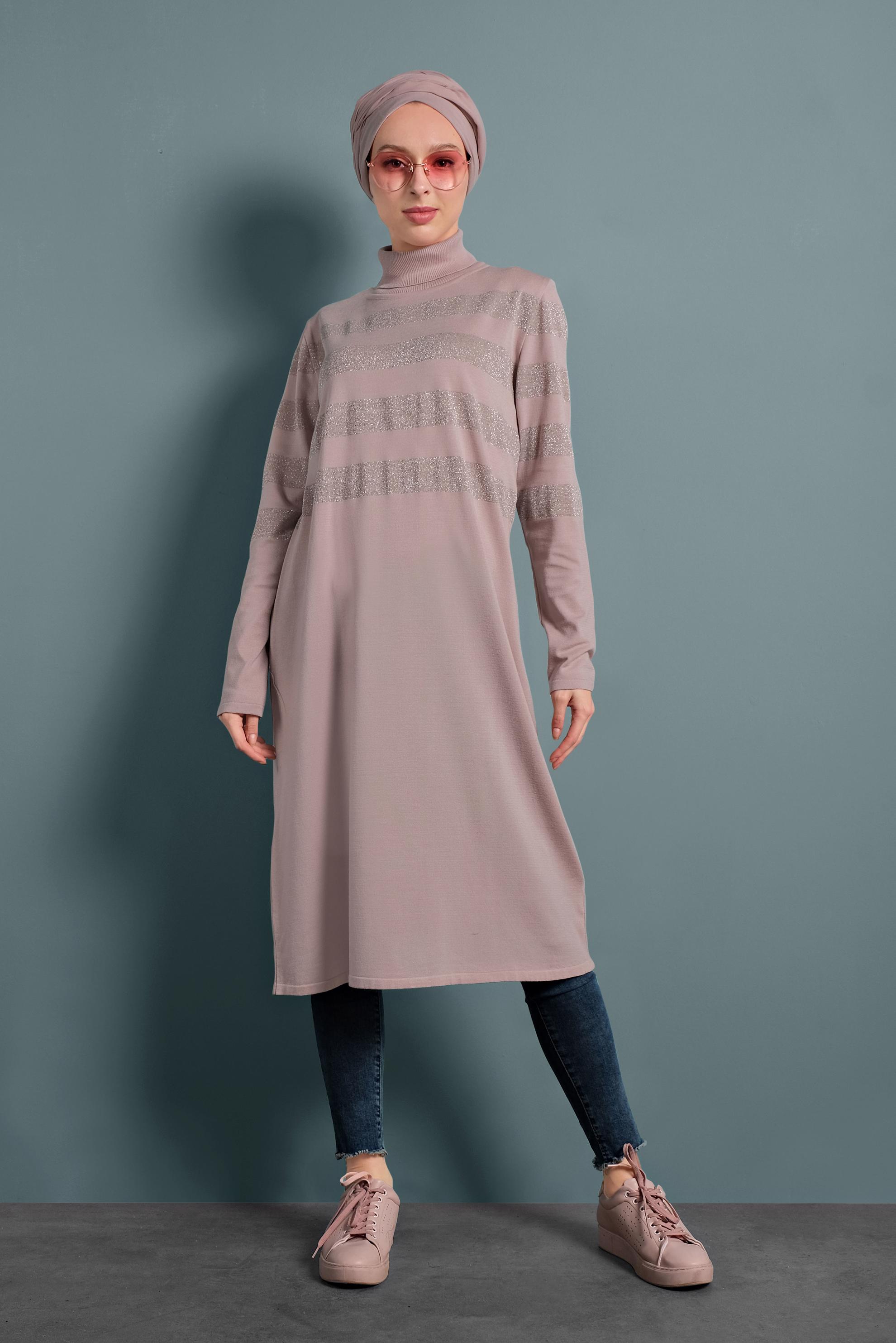 Tesettür giyim PUDRA SİM DETAYLI TRİKO TUNİK 40020