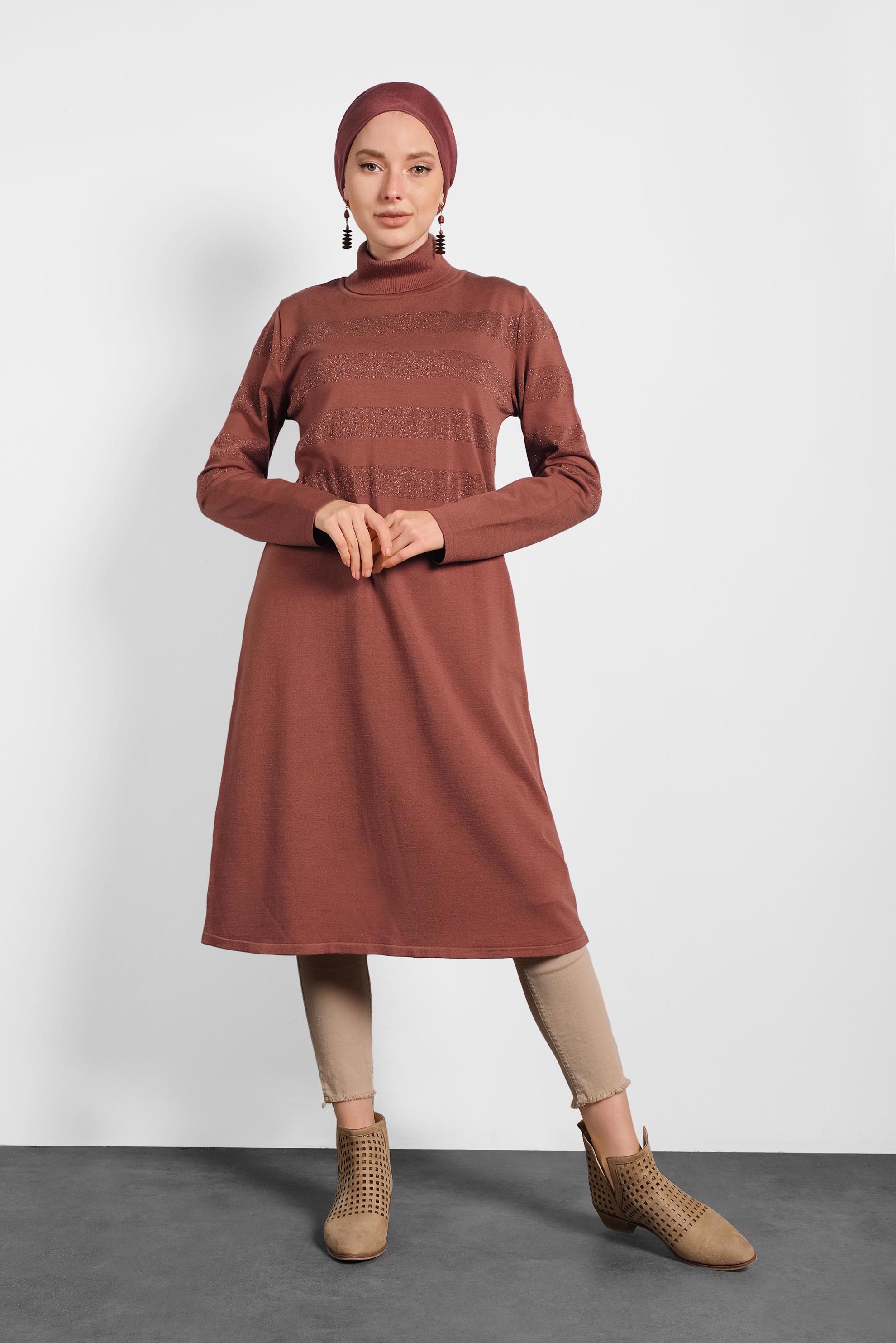 Tesettür giyim KAHVE SİM DETAYLI TRİKO TUNİK 40020