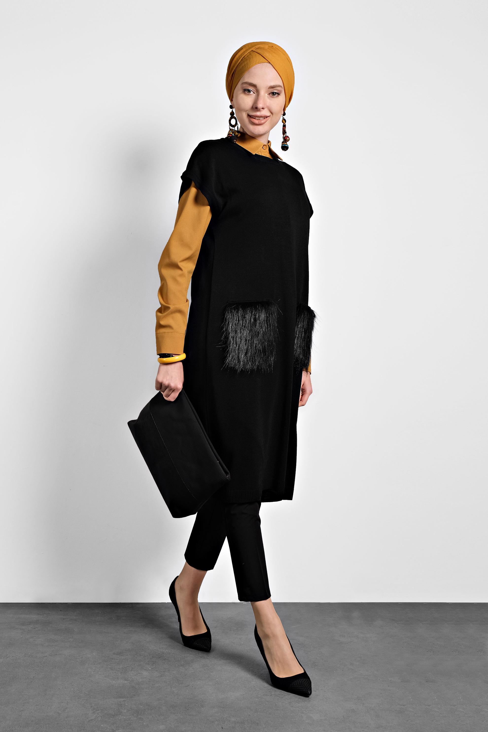 Tesettür giyim SİYAH CEPLERİ TÜYLÜ TRİKO TUNİK 40021 