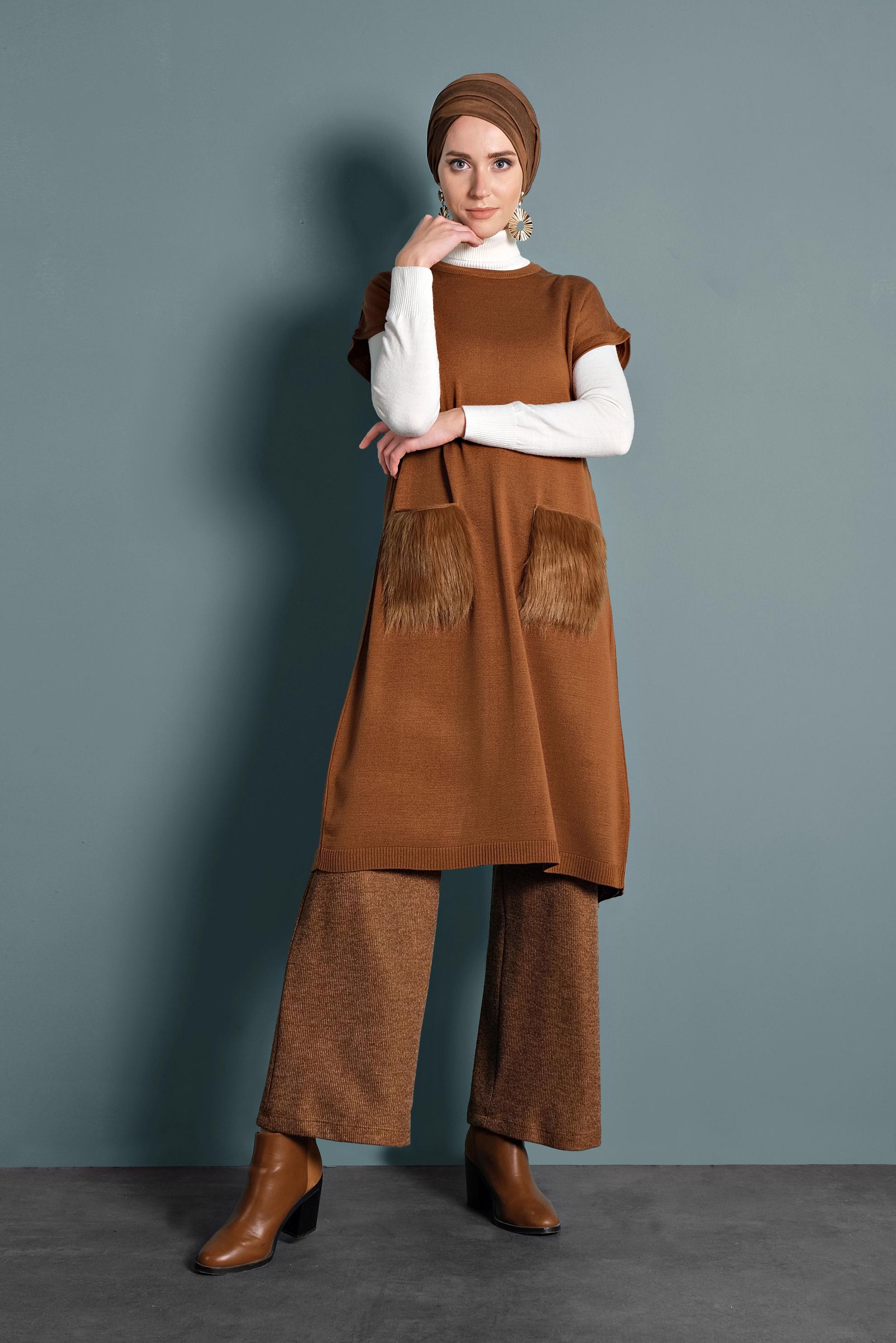 Tesettür giyim SARI CEPLERİ TÜYLÜ TRİKO TUNİK 40021 