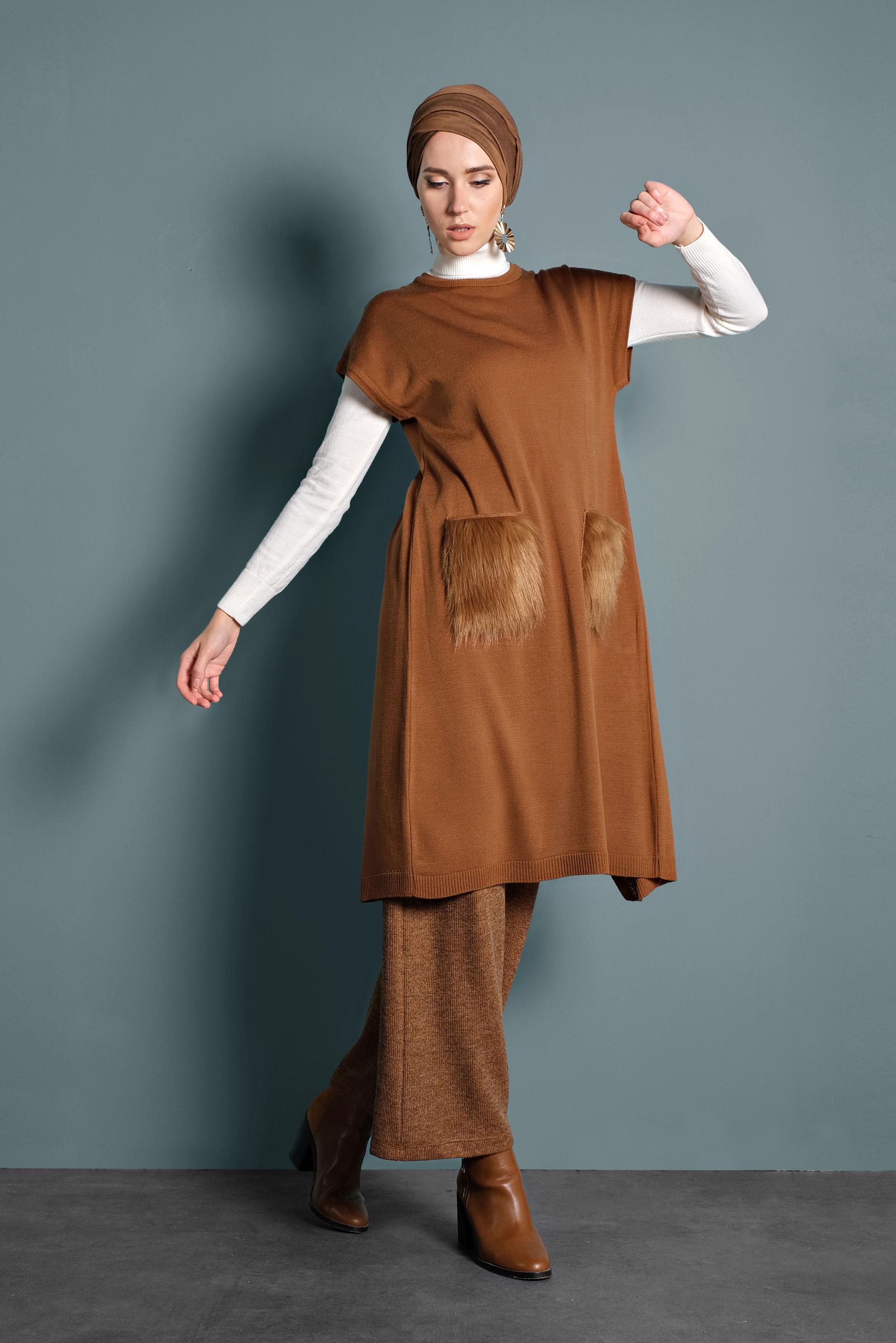 Tesettür giyim SARI CEPLERİ TÜYLÜ TRİKO TUNİK 40021 