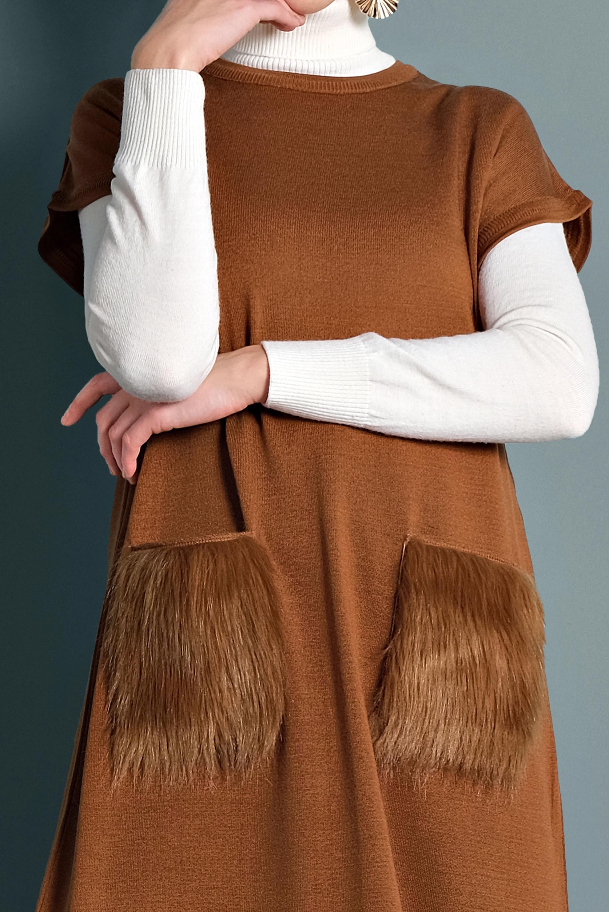 Tesettür giyim SARI CEPLERİ TÜYLÜ TRİKO TUNİK 40021 