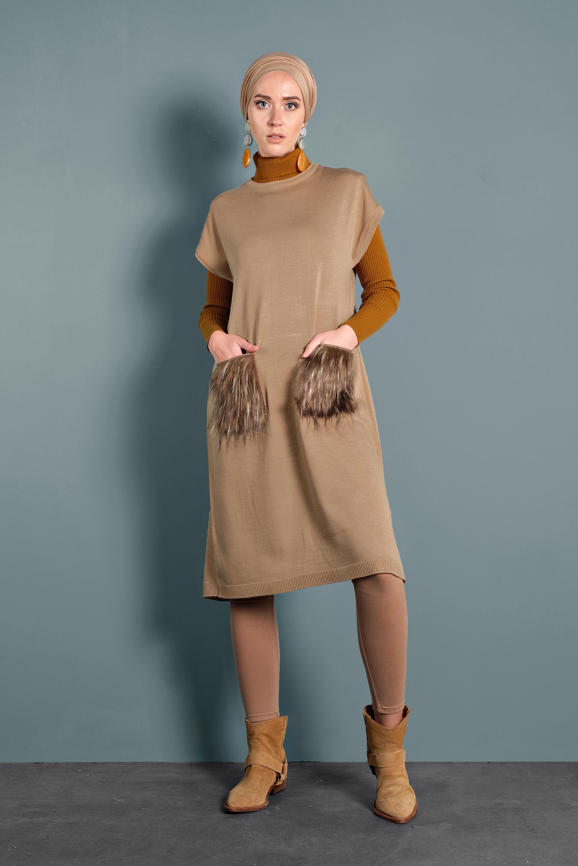 Tesettür giyim KAHVE CEPLERİ TÜYLÜ TRİKO TUNİK 40021 