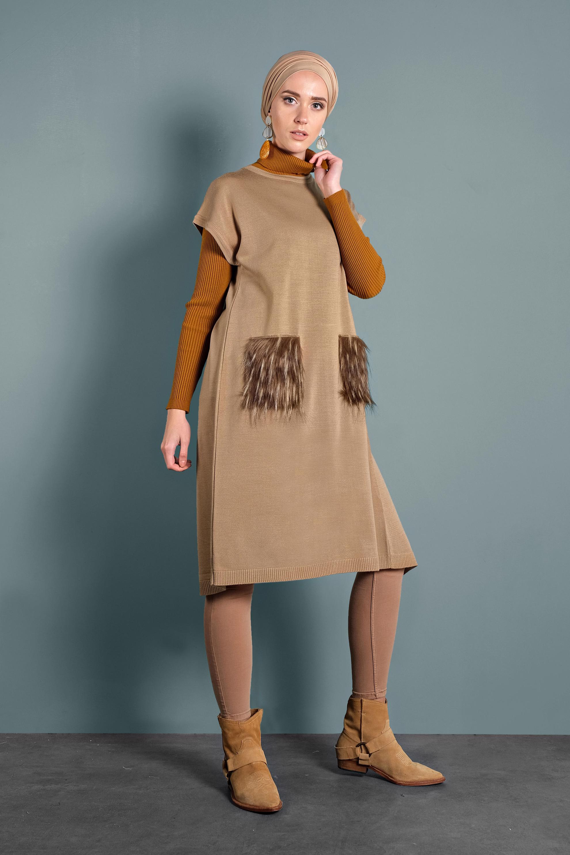 Tesettür giyim KAHVE CEPLERİ TÜYLÜ TRİKO TUNİK 40021 