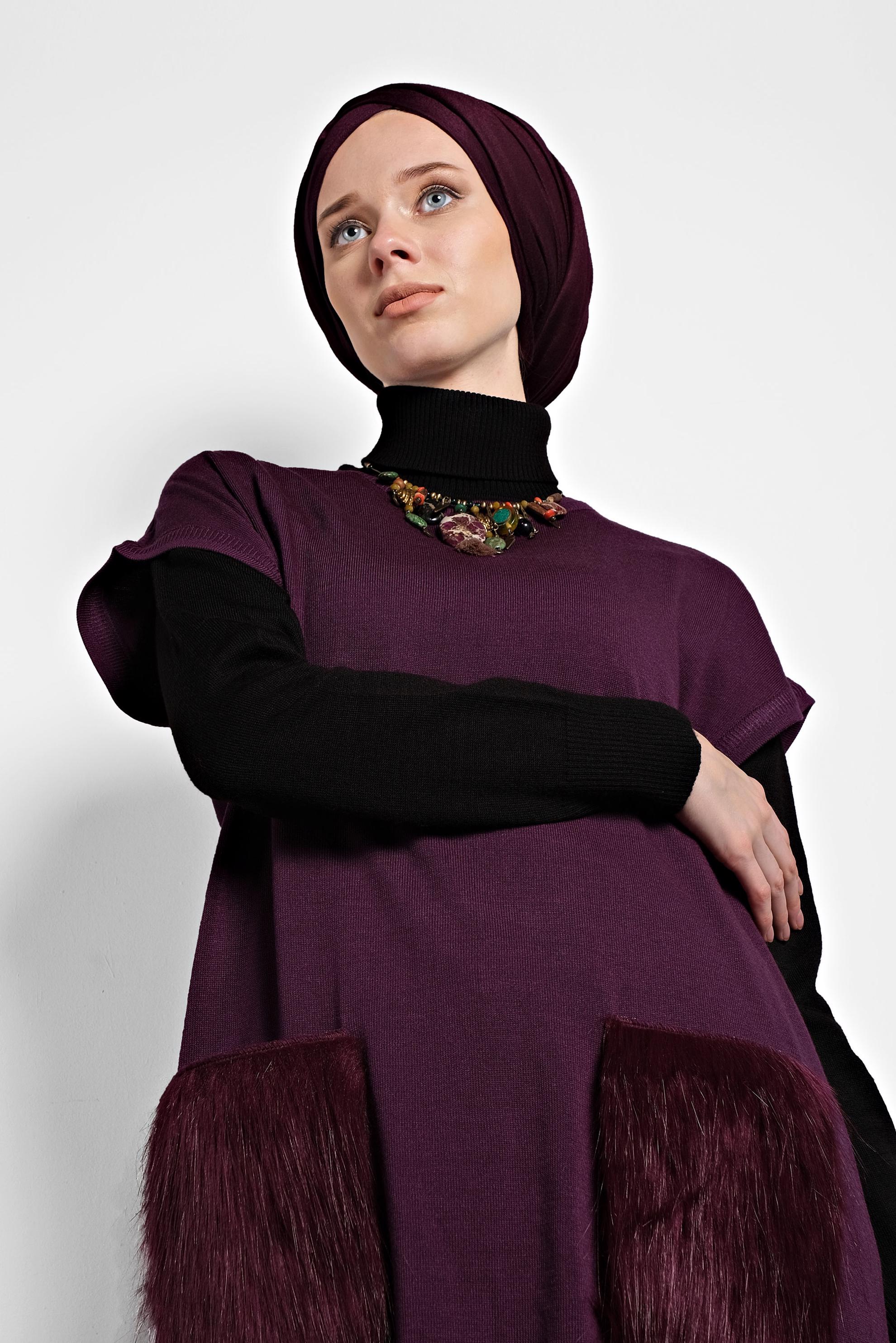 Tesettür giyim MÜRDÜM CEPLERİ TÜYLÜ TRİKO TUNİK 40021 