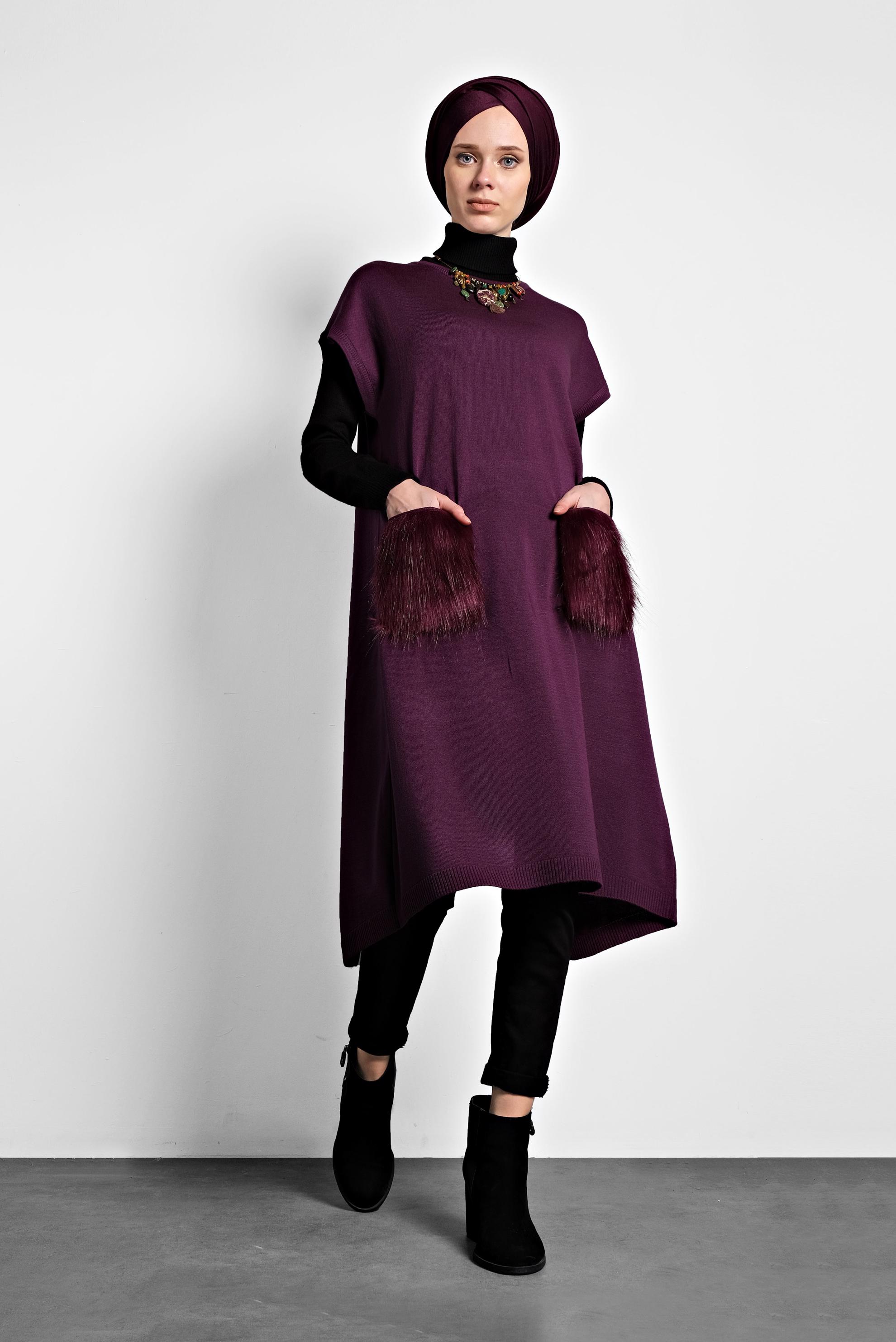 Tesettür giyim MÜRDÜM CEPLERİ TÜYLÜ TRİKO TUNİK 40021 