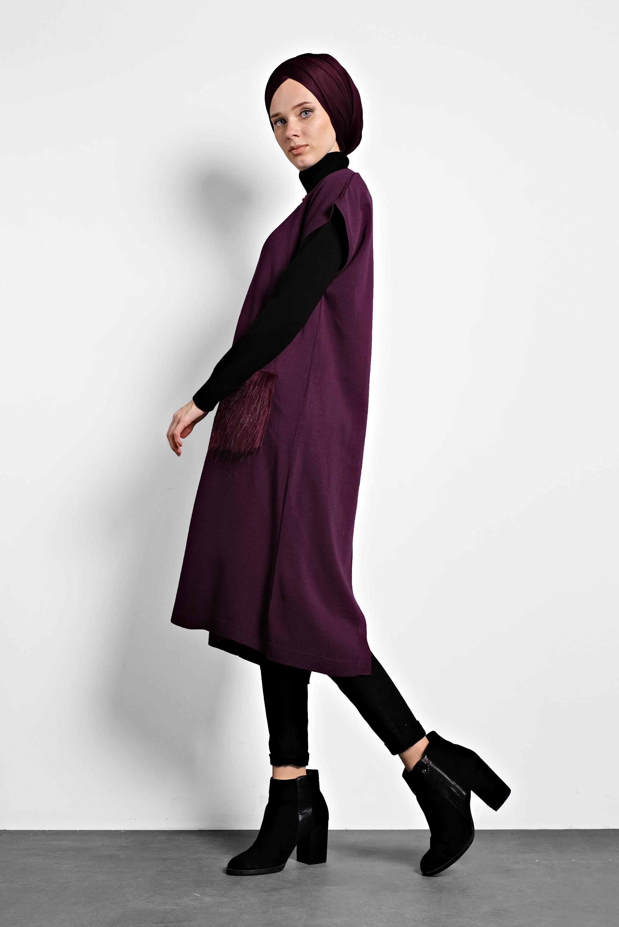 Tesettür giyim MÜRDÜM CEPLERİ TÜYLÜ TRİKO TUNİK 40021 