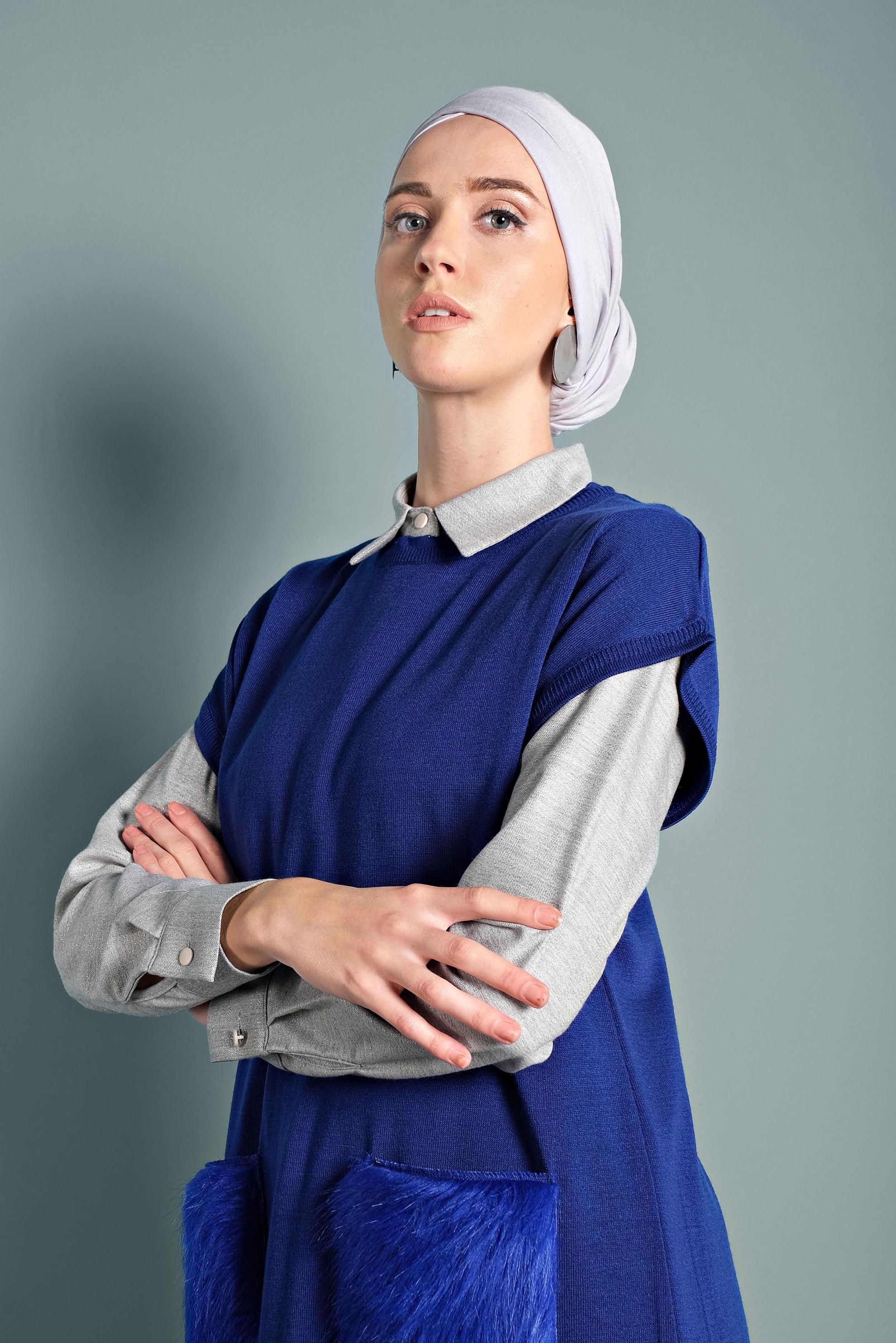 Tesettür giyim LACİVERT CEPLERİ TÜYLÜ TRİKO TUNİK 40021 