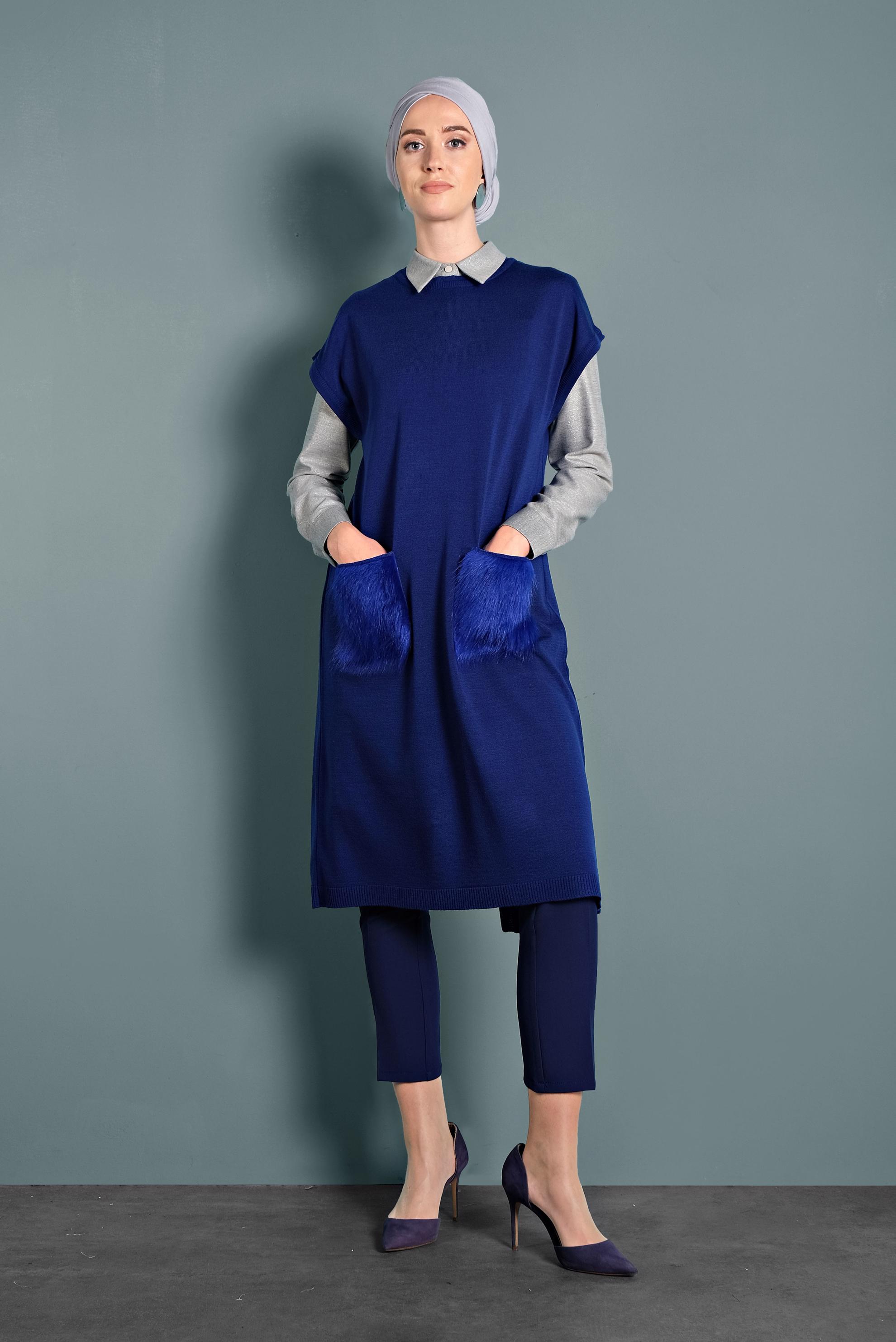 Tesettür giyim LACİVERT CEPLERİ TÜYLÜ TRİKO TUNİK 40021 