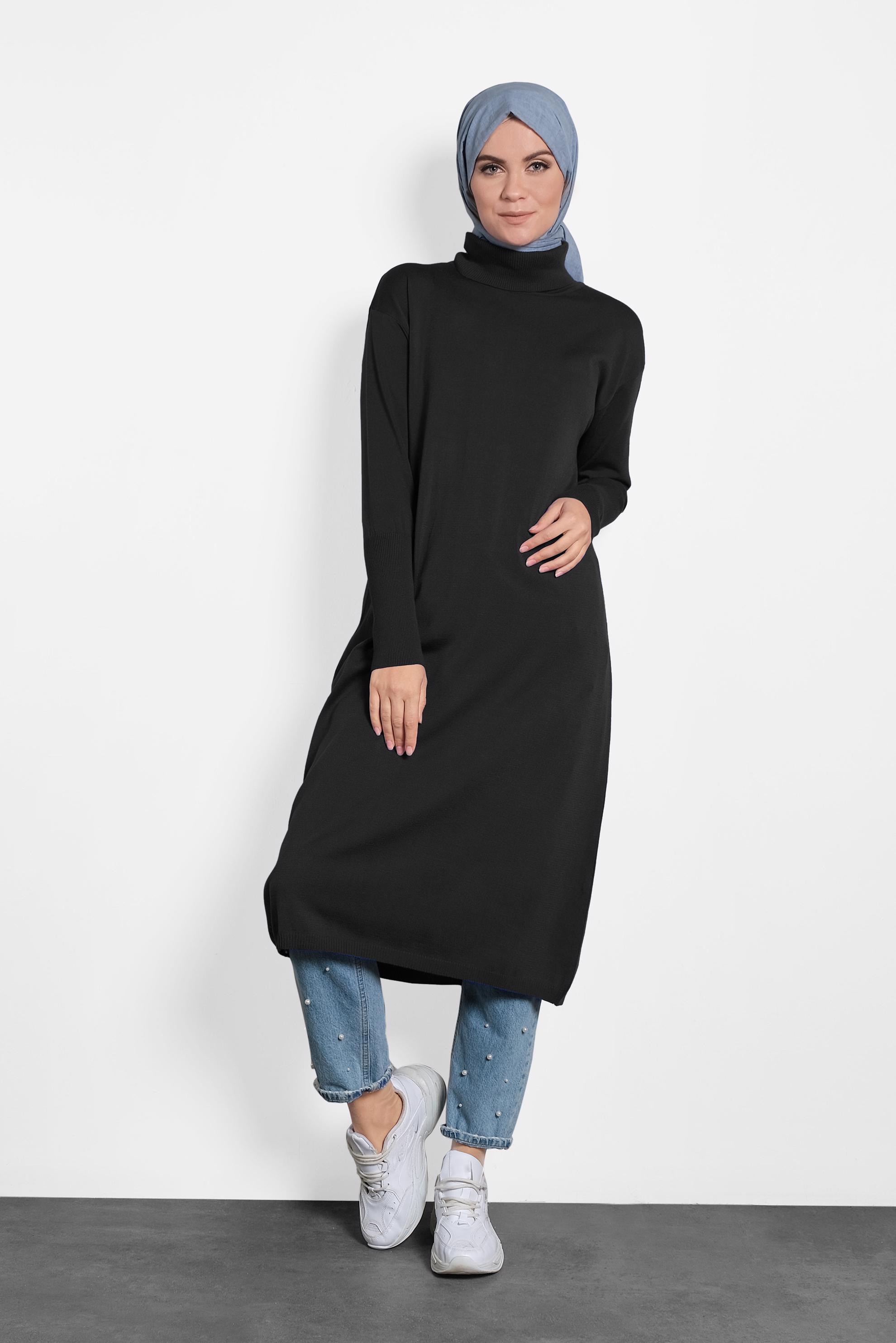 Tesettür giyim SİYAH BALIKÇI YAKA UZUN TRİKO TUNİK 40022