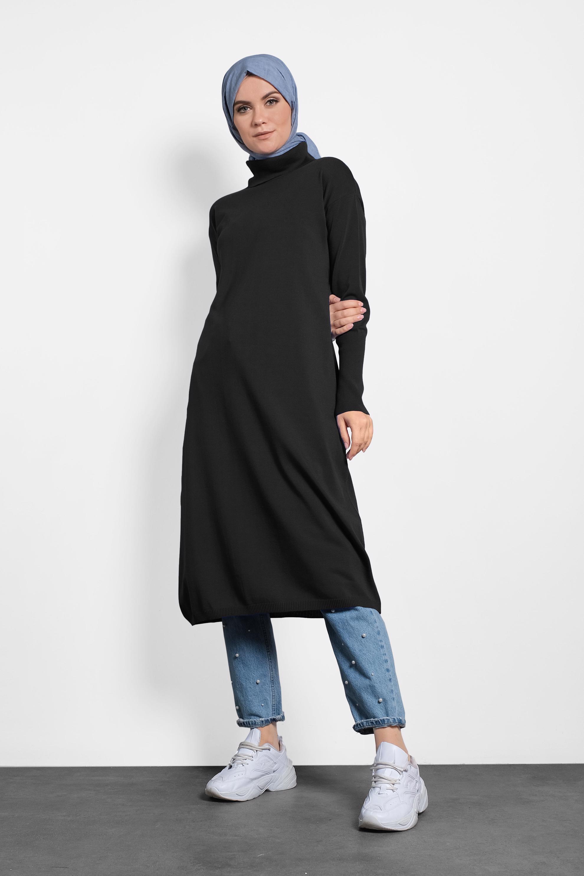 Tesettür giyim SİYAH BALIKÇI YAKA UZUN TRİKO TUNİK 40022
