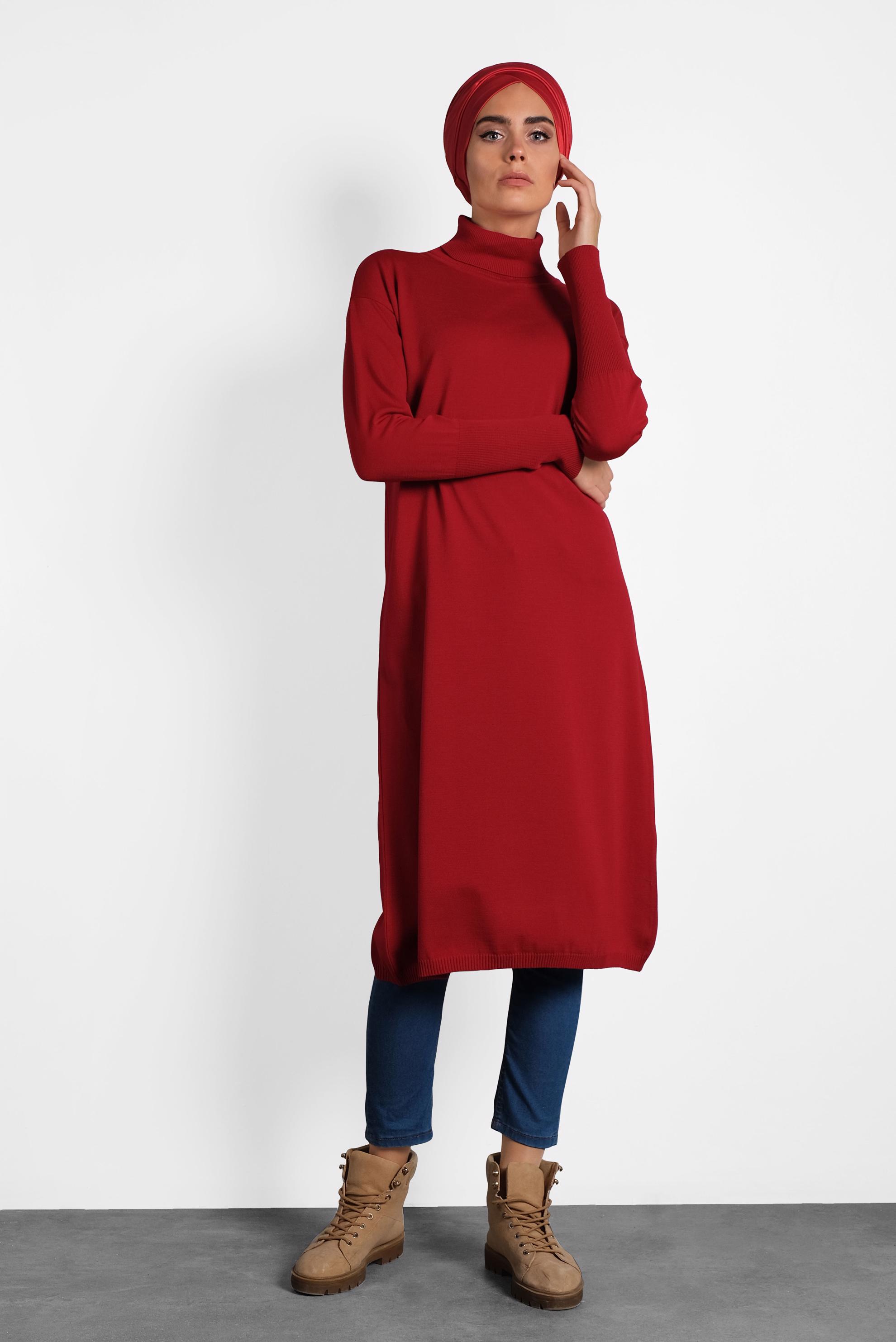 Tesettür giyim KIRMIZI BALIKÇI YAKA UZUN TRİKO TUNİK 40022
