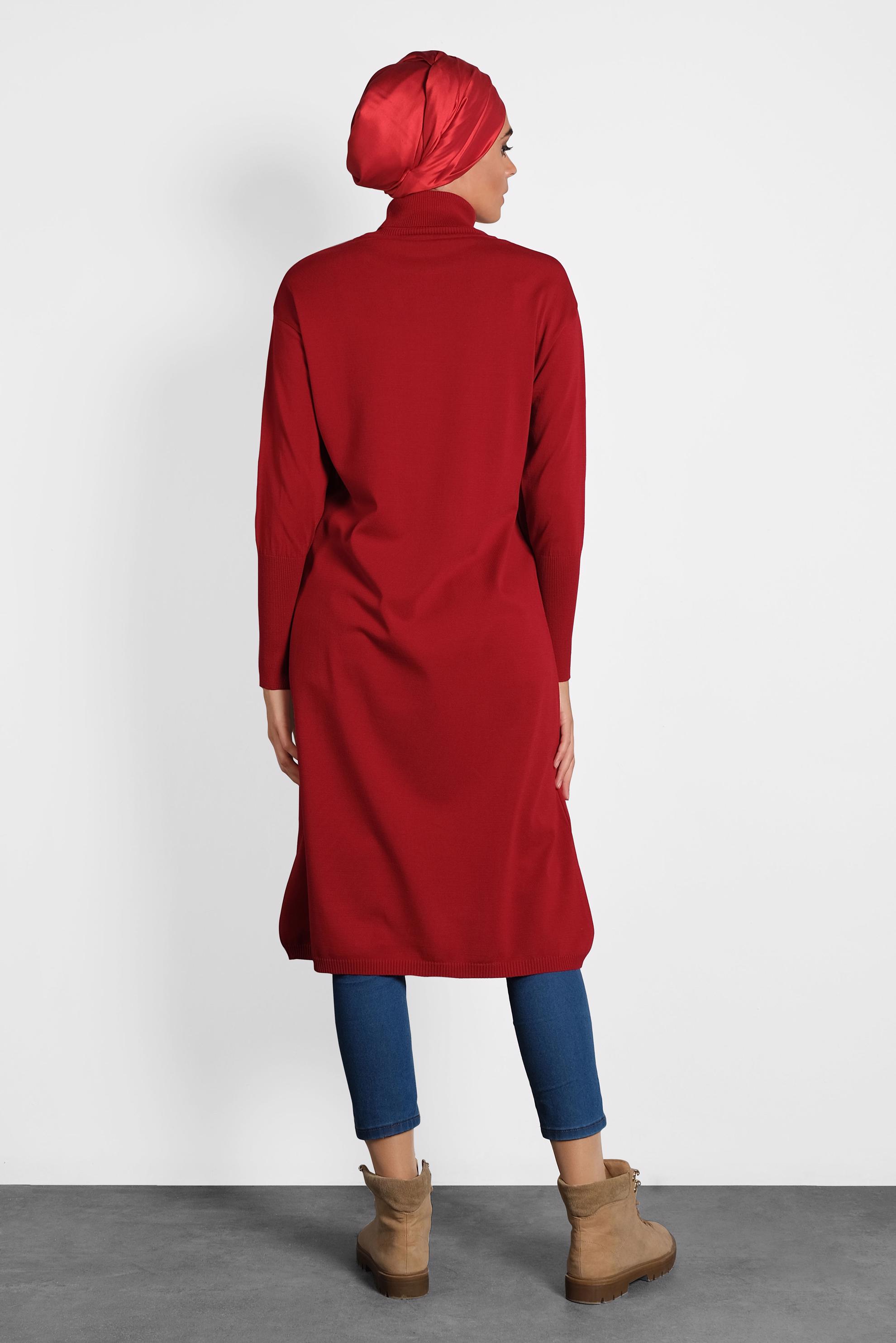 Tesettür giyim KIRMIZI BALIKÇI YAKA UZUN TRİKO TUNİK 40022