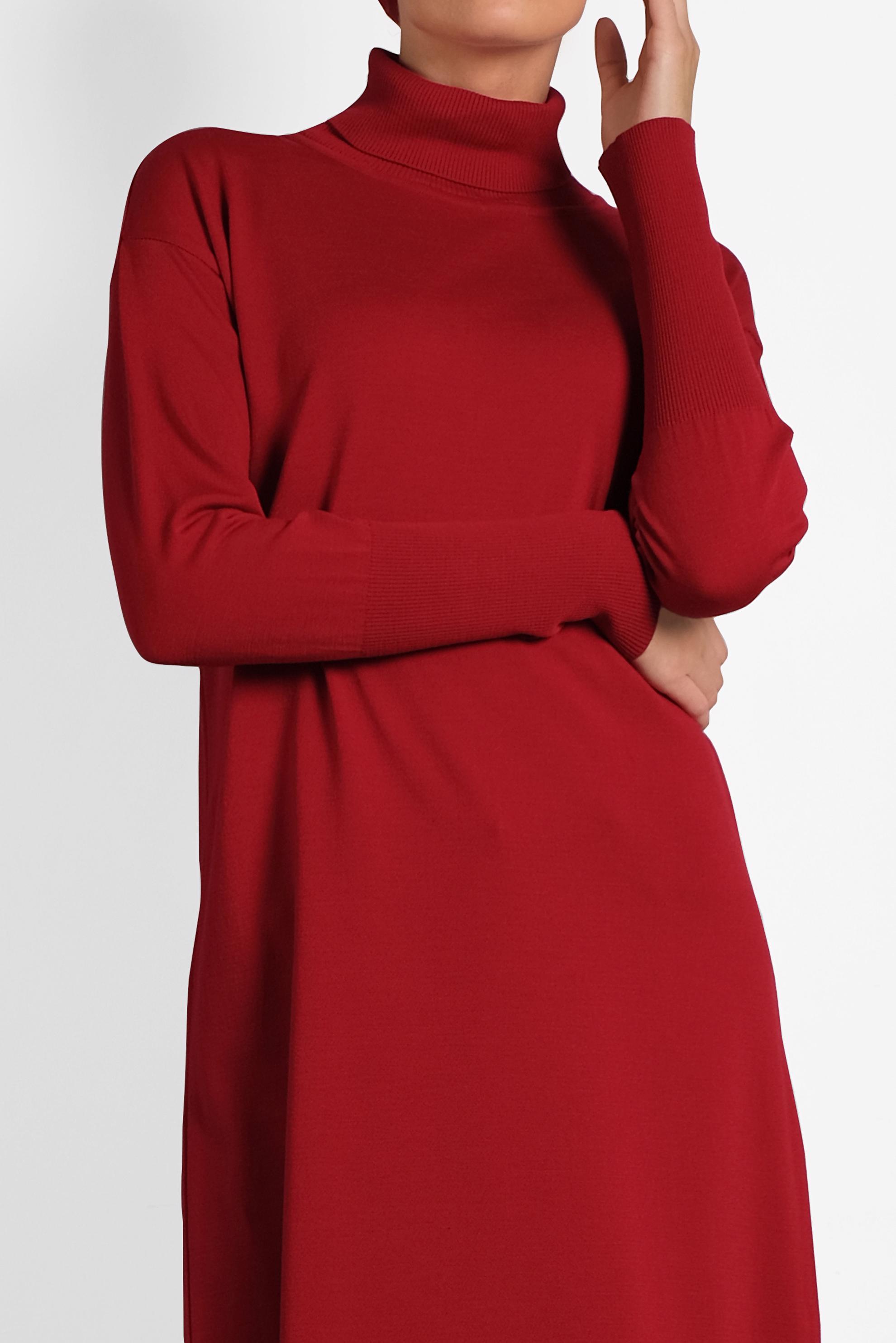 Tesettür giyim KIRMIZI BALIKÇI YAKA UZUN TRİKO TUNİK 40022