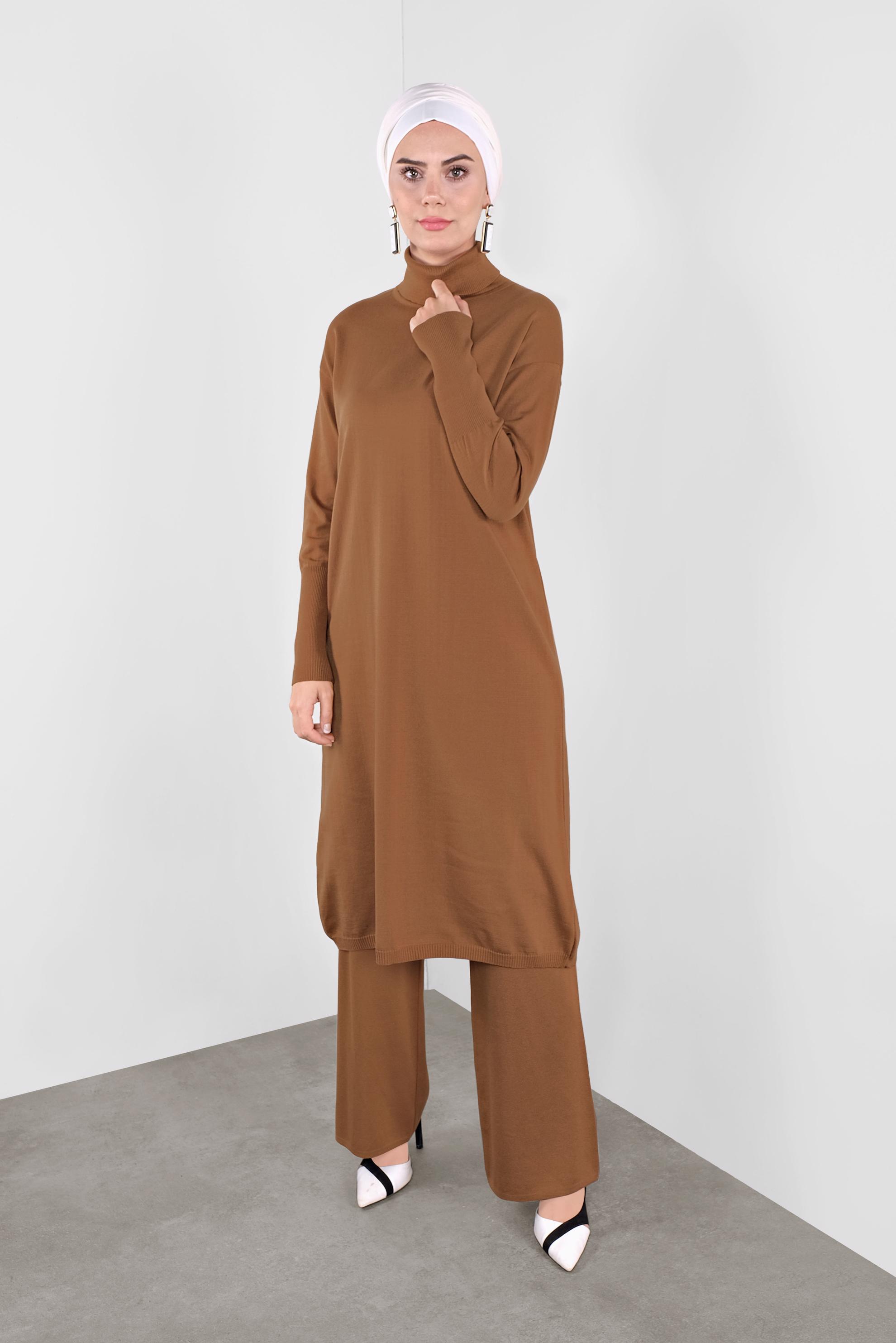 Tesettür giyim SARI BALIKÇI YAKA UZUN TRİKO TUNİK 40022