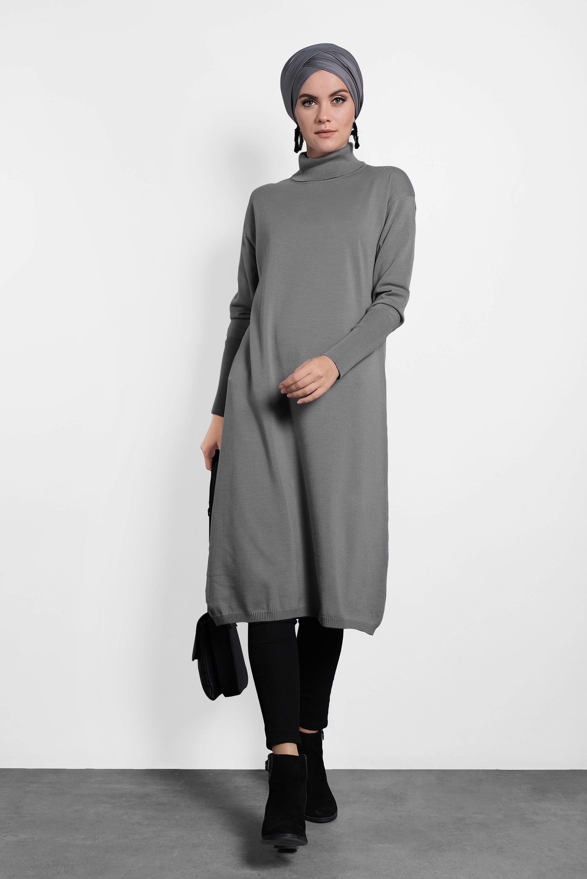 Tesettür giyim GRİ BALIKÇI YAKA UZUN TRİKO TUNİK 40022