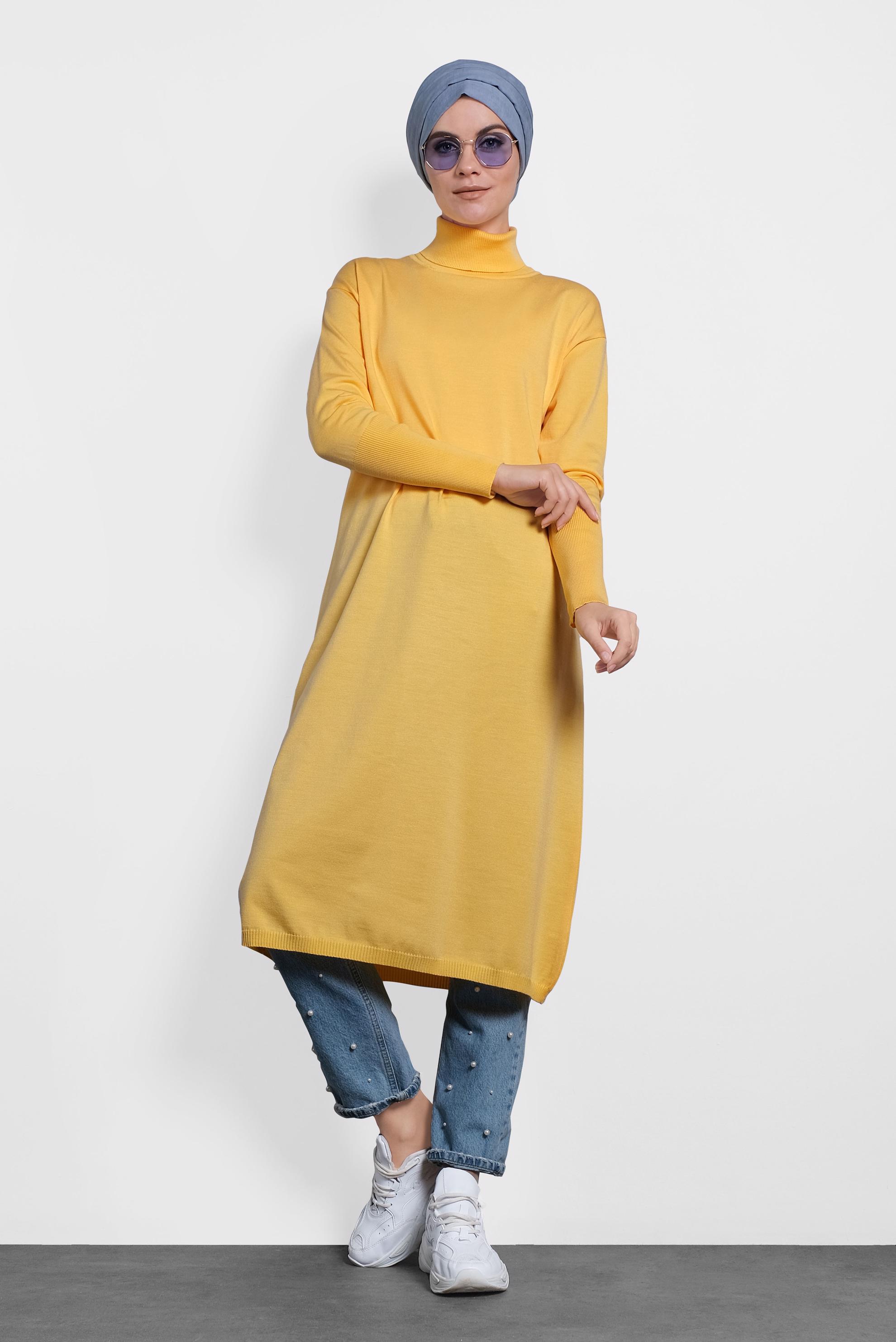 Tesettür giyim SARI BALIKÇI YAKA UZUN TRİKO TUNİK 40022
