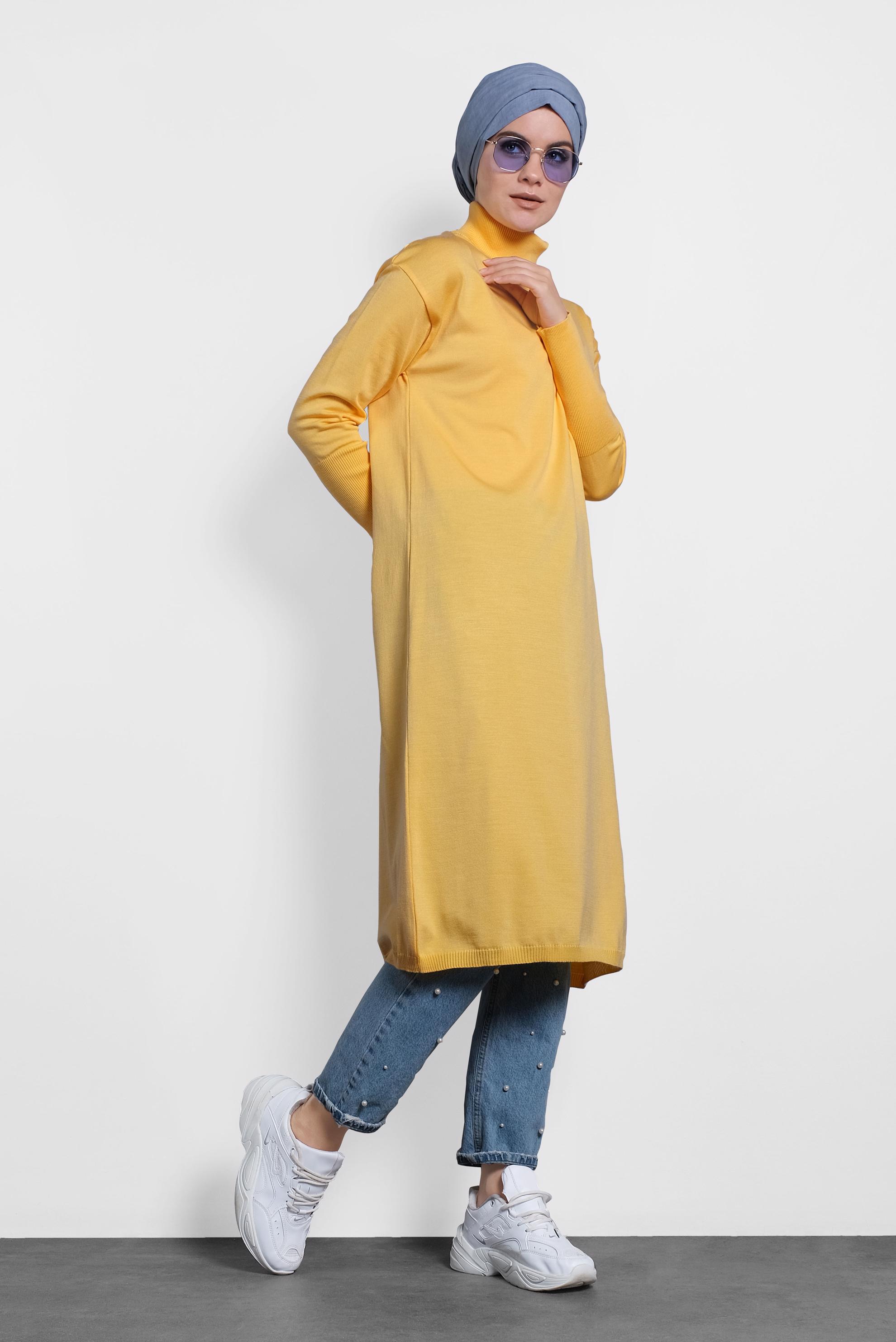 Tesettür giyim SARI BALIKÇI YAKA UZUN TRİKO TUNİK 40022