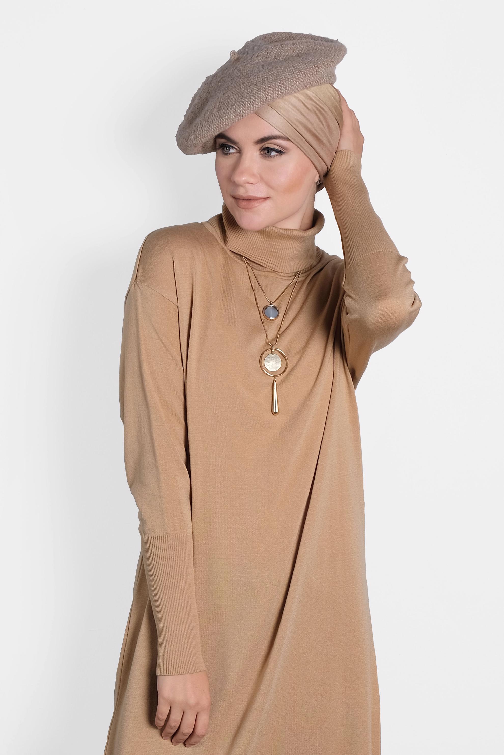 Tesettür giyim KAHVE BALIKÇI YAKA UZUN TRİKO TUNİK 40022